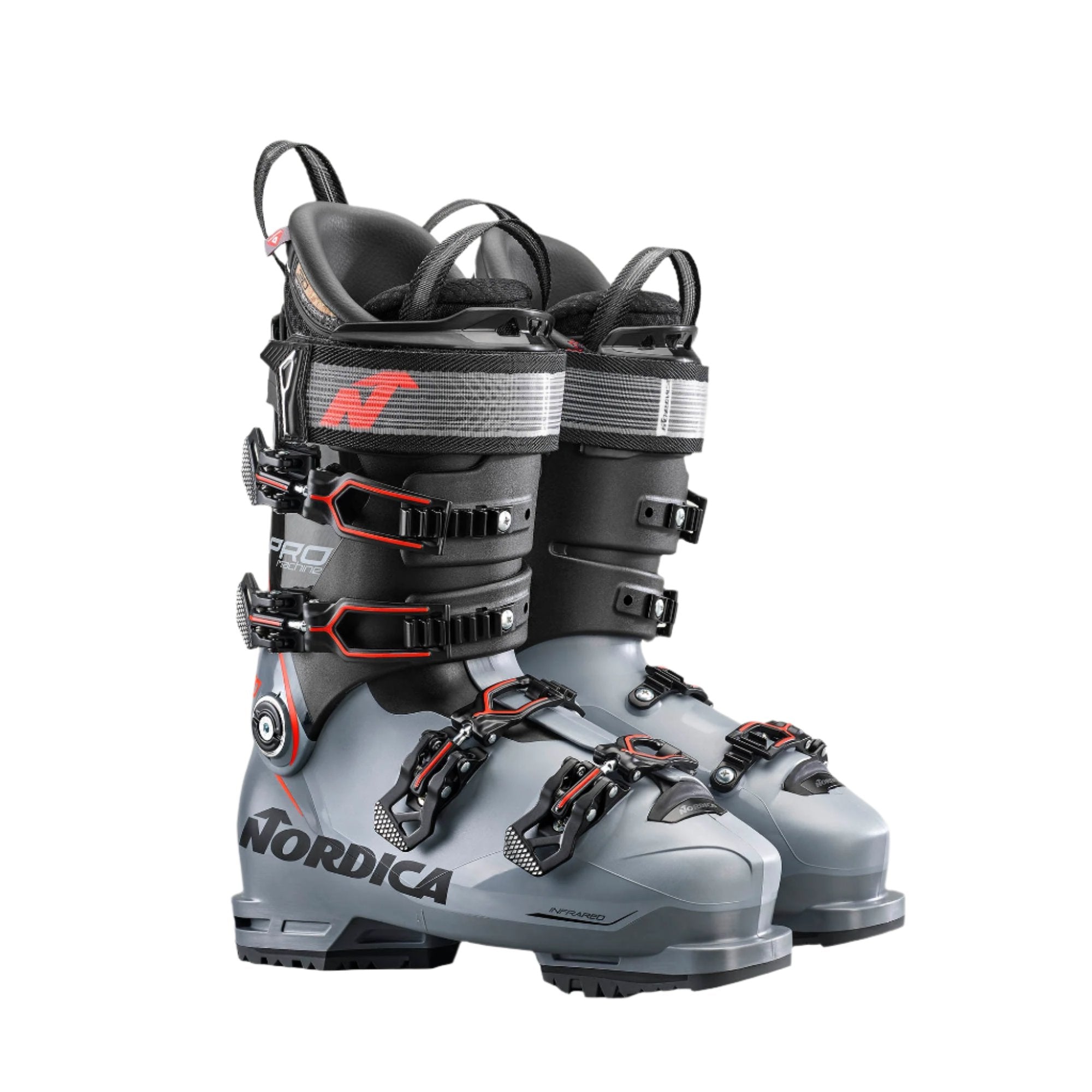 The Nordica Promachine 120 is mostly all grey with a few pops of red on the buckles