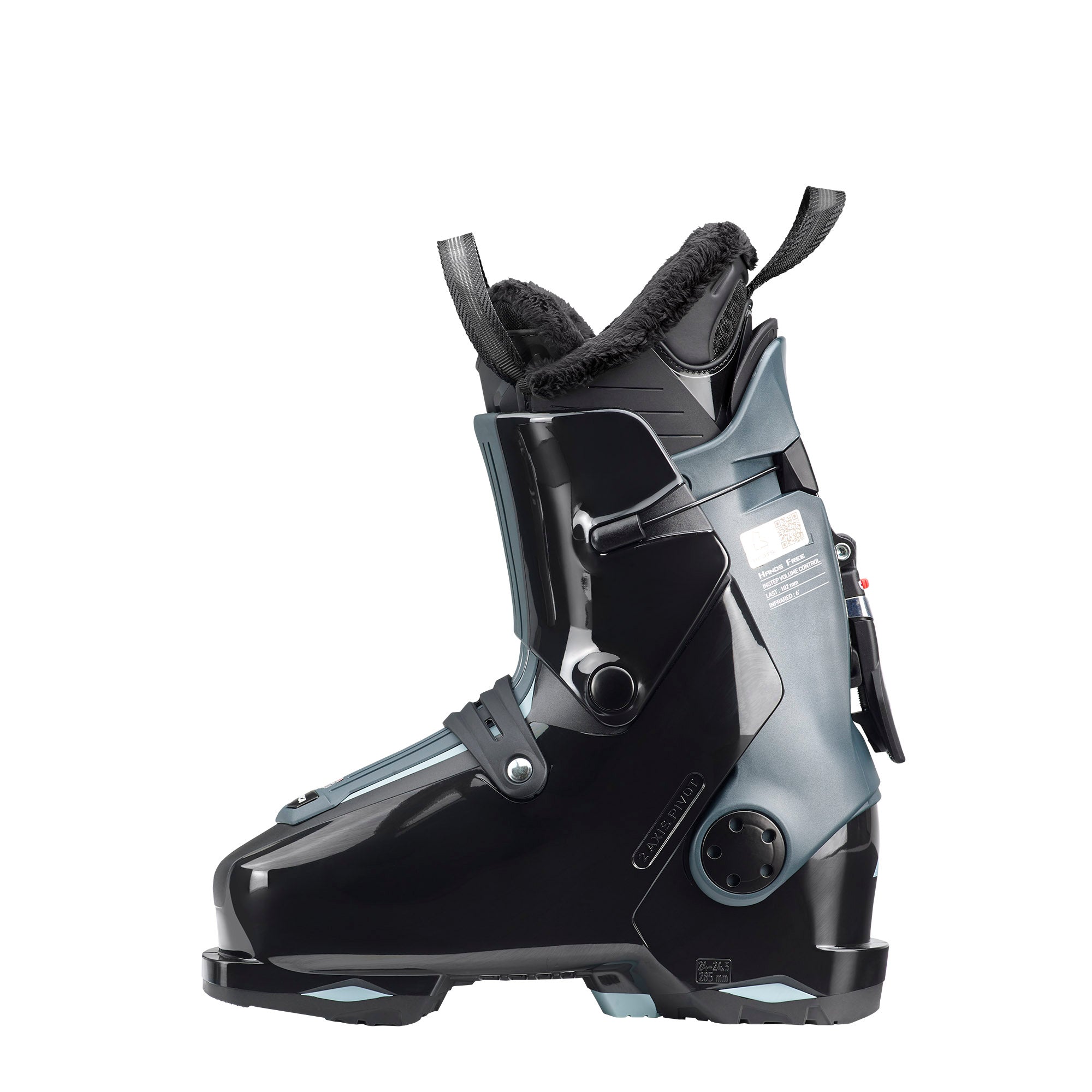 The medial side Women's Nordica ski boot that has a cable to keep the boot tight.