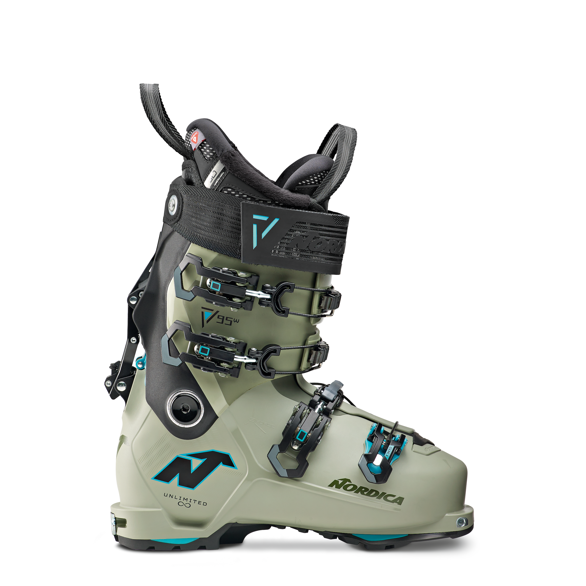 Light green women's Nordica alpine touring ski boot, Unlimited 95 DYN with black and blue accents.
