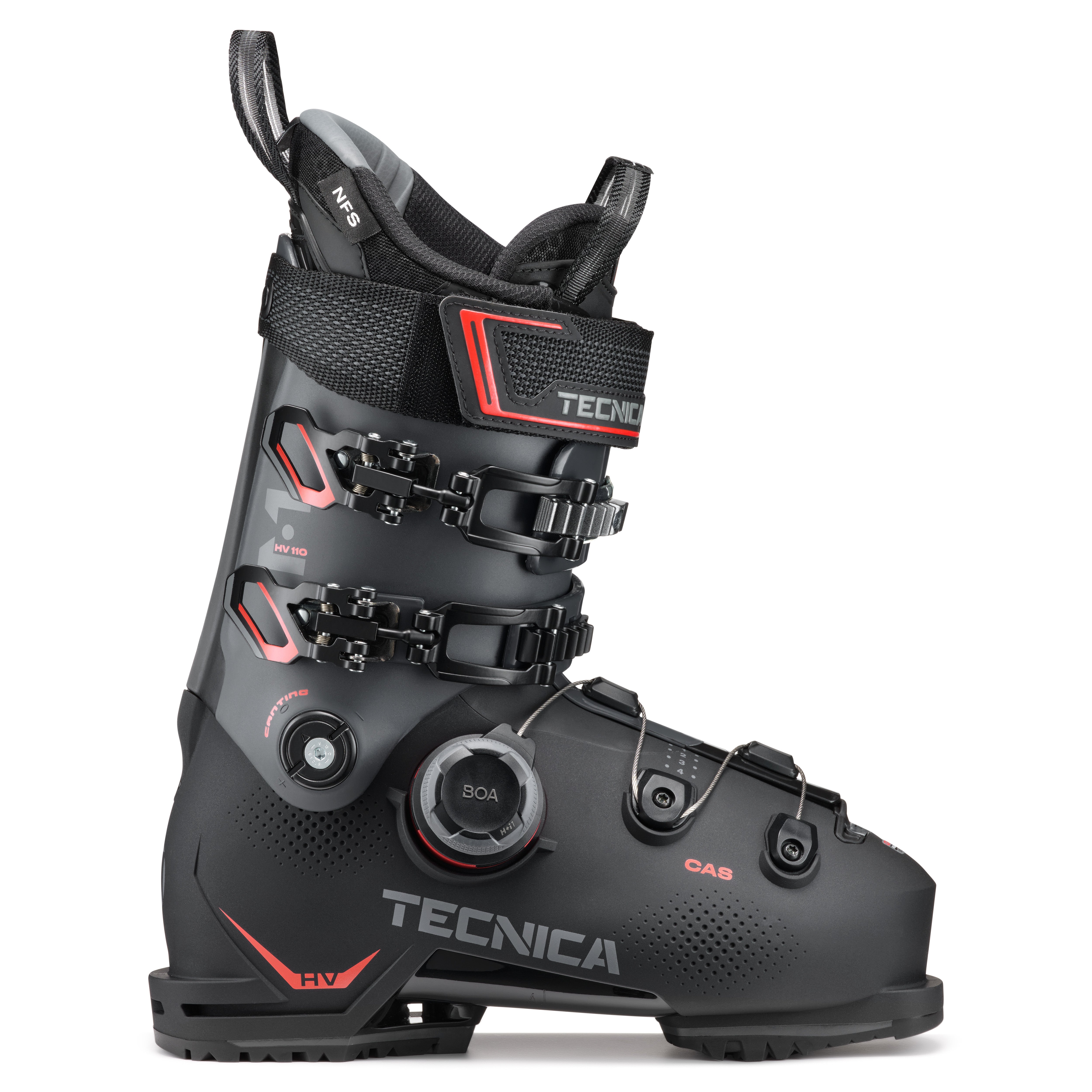 Black Tecnica ski boot with red accents on a white background