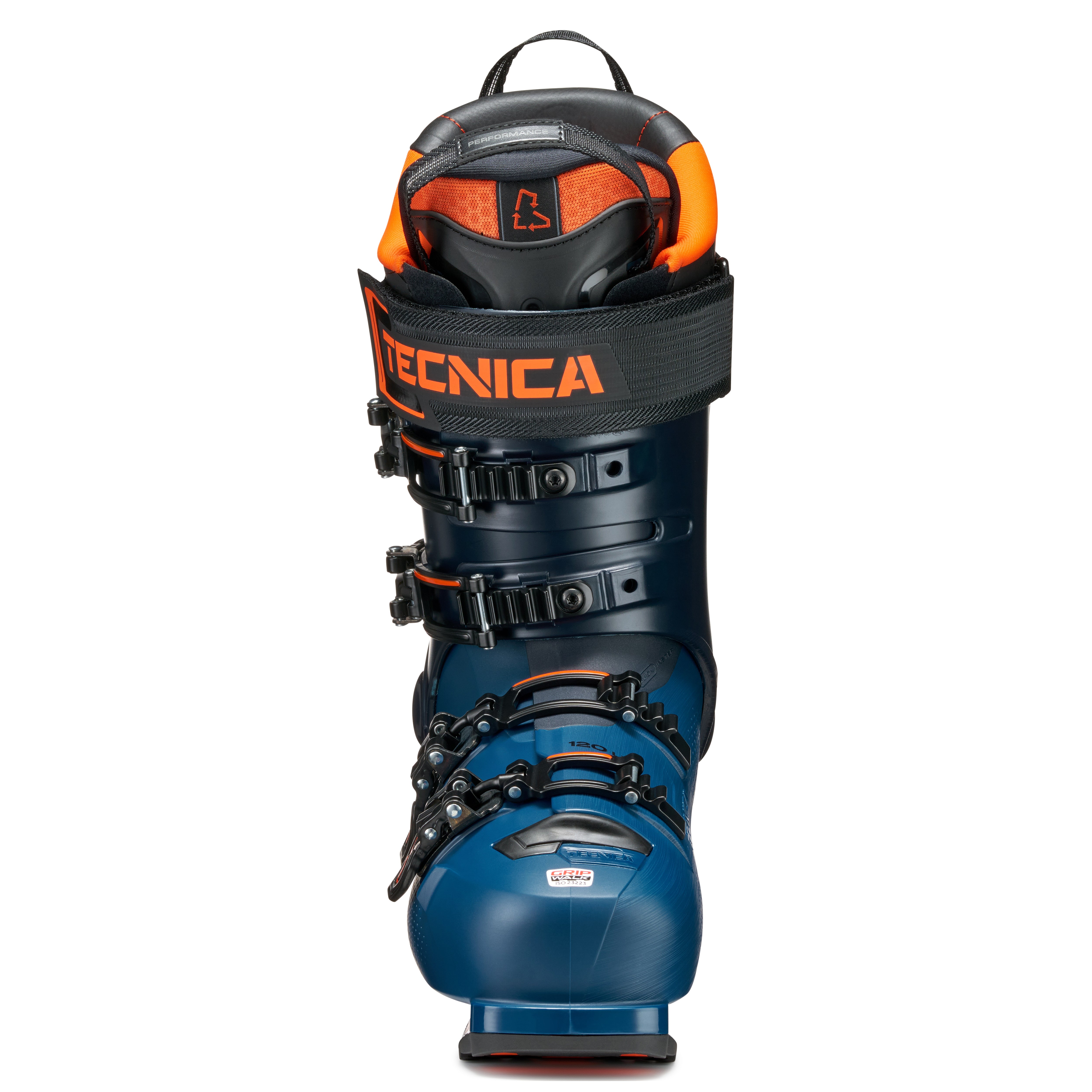 Blue and orange Tecnica ski boot on a white background