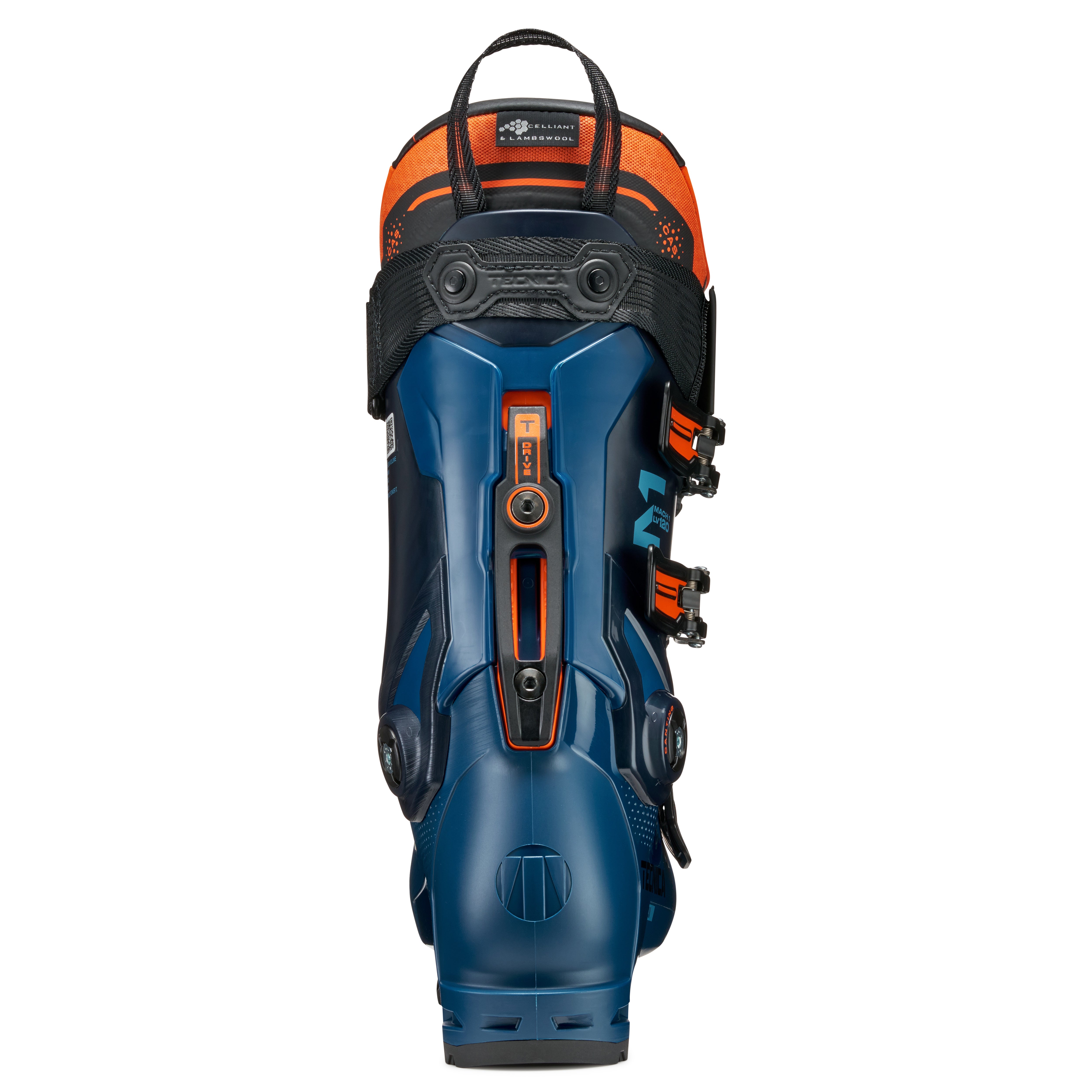 Blue and orange ski boot on a white background