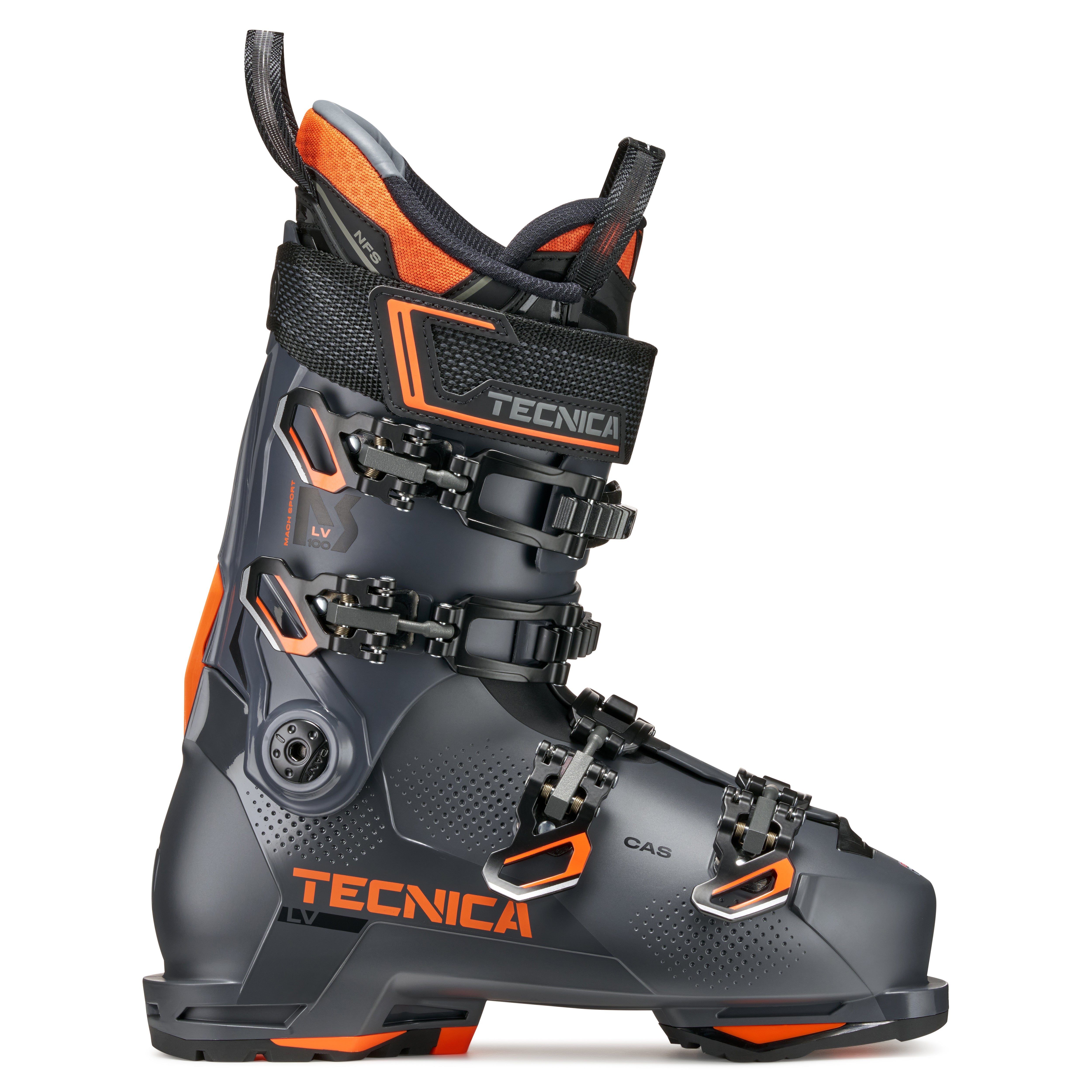 Men's Low Volume gray and orange Tecnica ski boot on a white background.