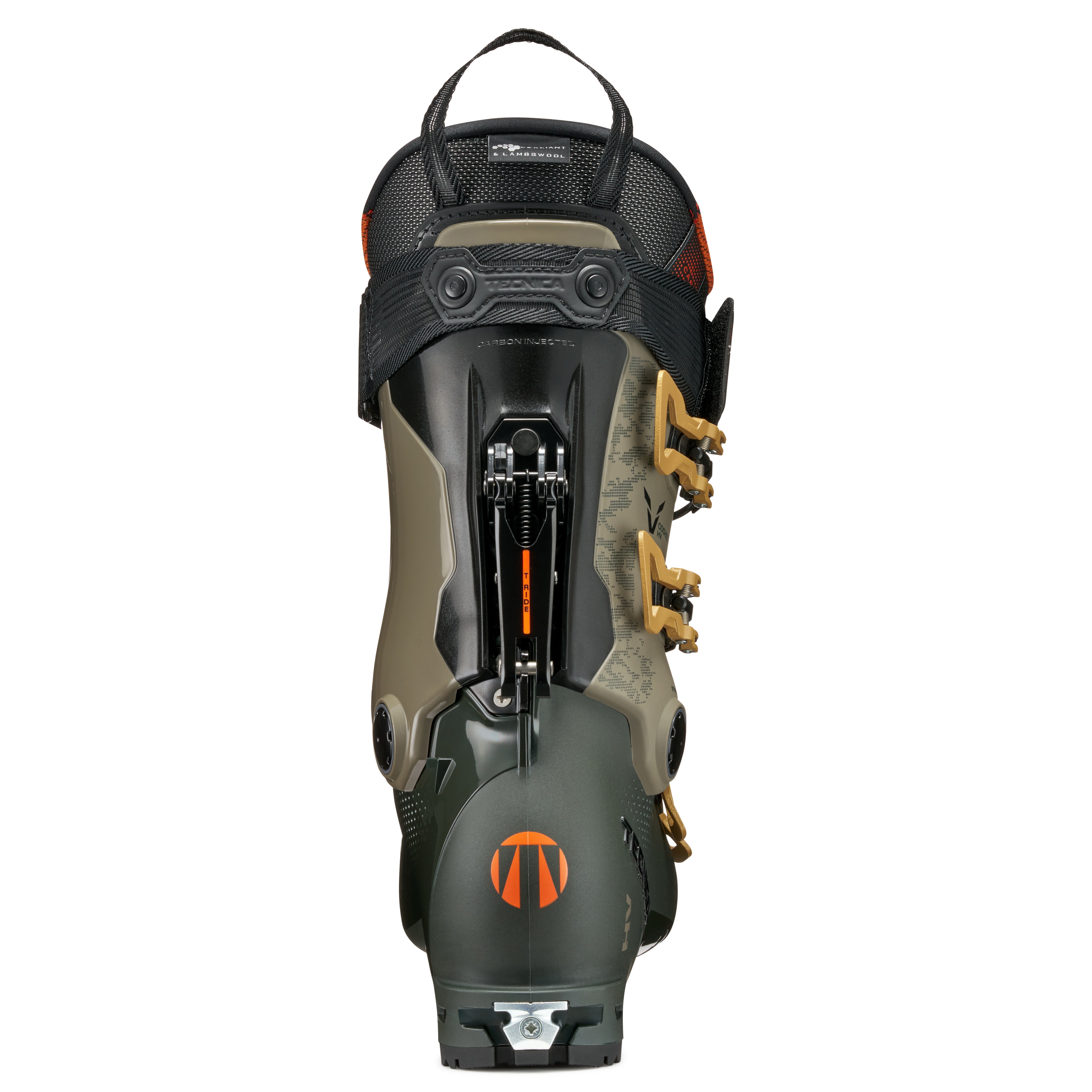 The back of a tecnica ski boot and a hike mode with visible brand logo on a white background.