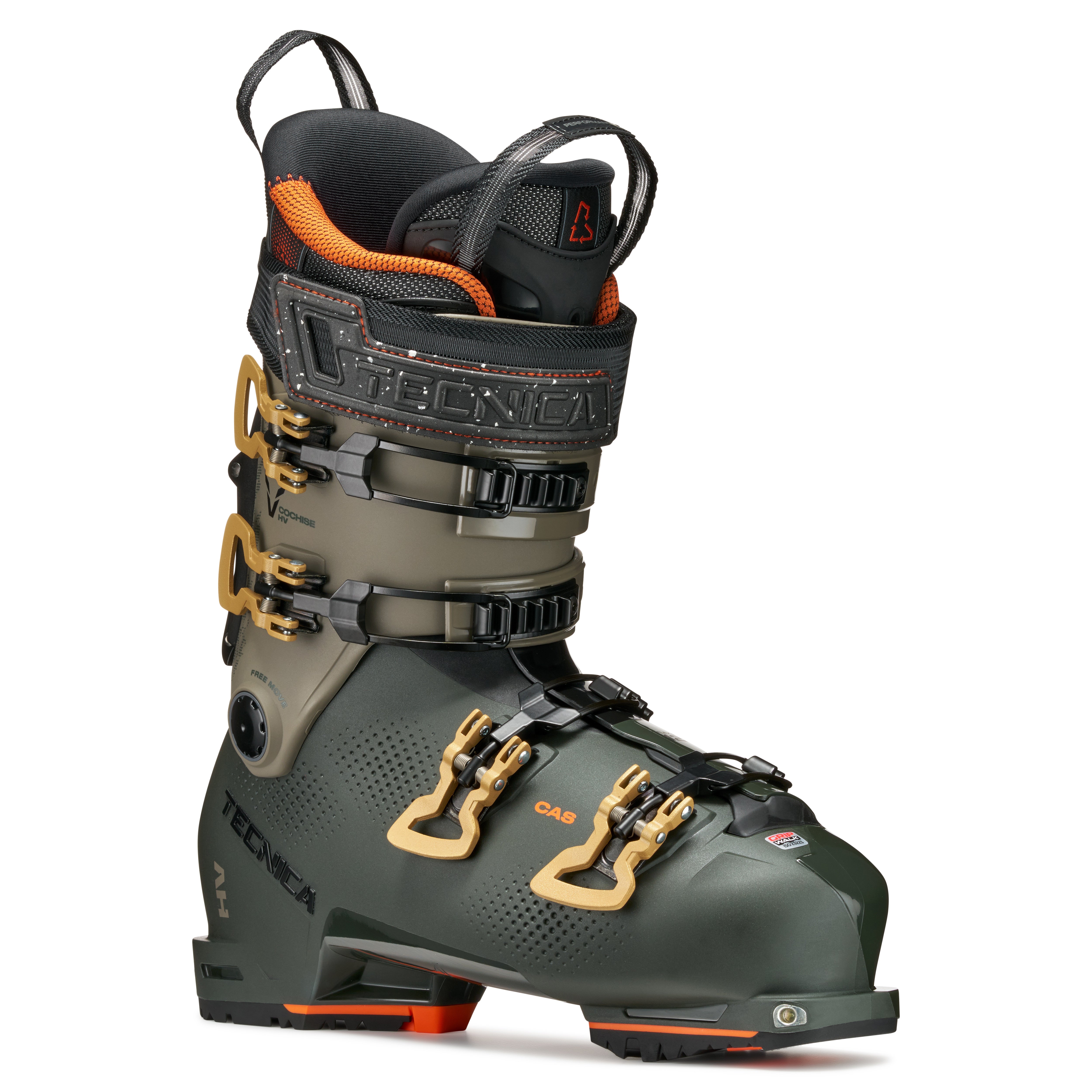 Men's hybrid ski boot with visible brand logos on a white background.