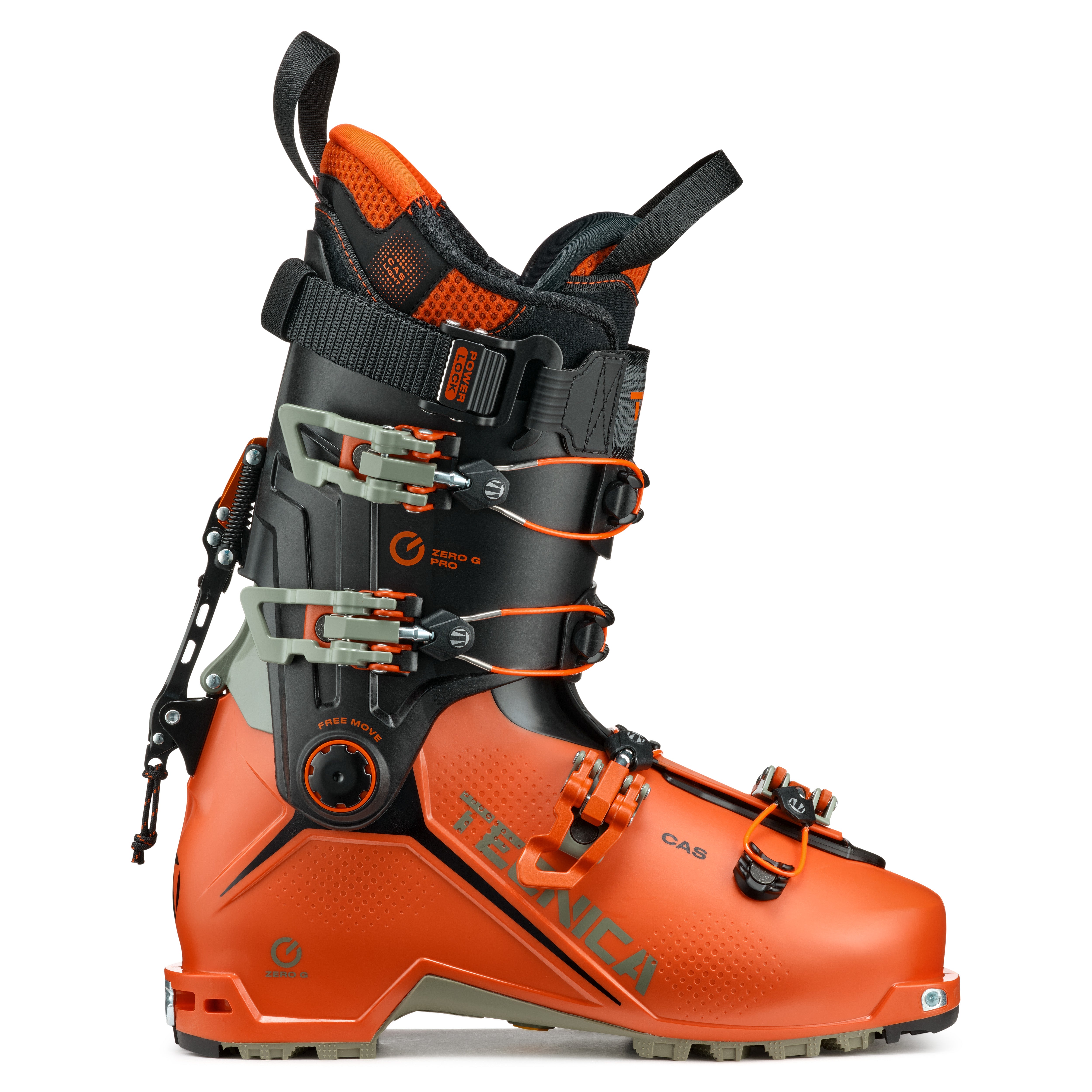 The men's Tecnica Zero G Pro has a black upper cuff and an orange lower.