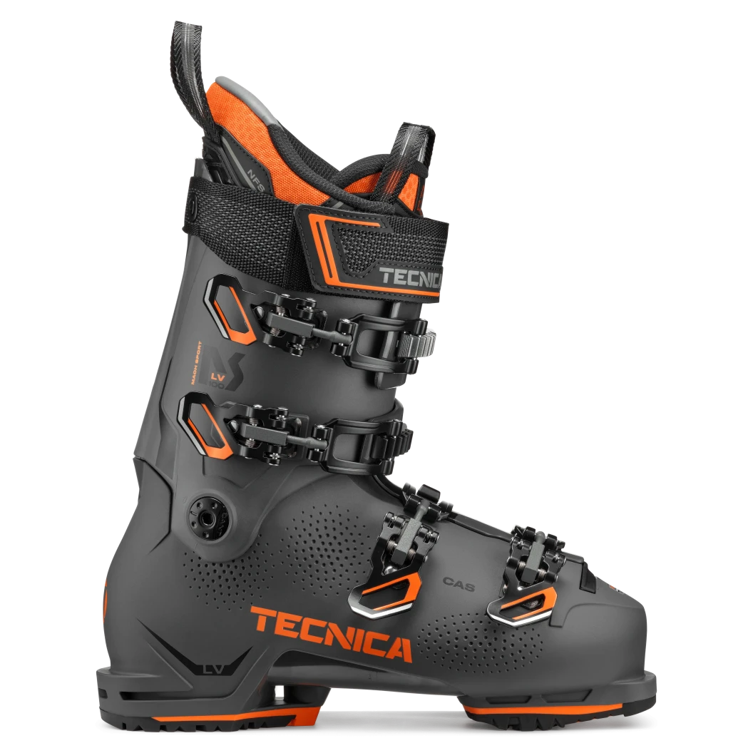 The Mach Sport from Tecnica has a upper and lower shell that is grey along with Tecnica orange highlights on the buckles and sole