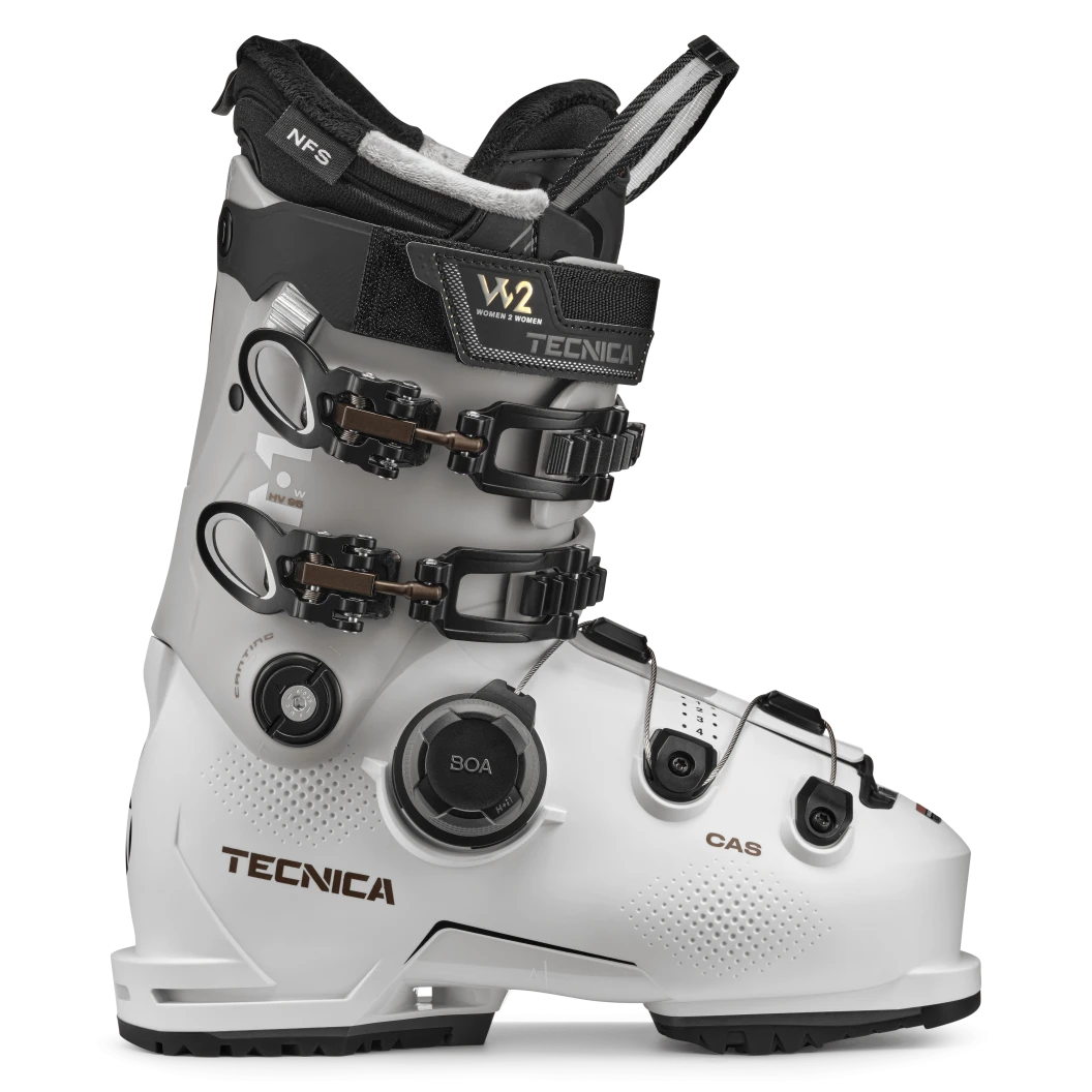 The Mach BOA HV 95 for women is an almost all white ski boot with a little it of grey on the cuff