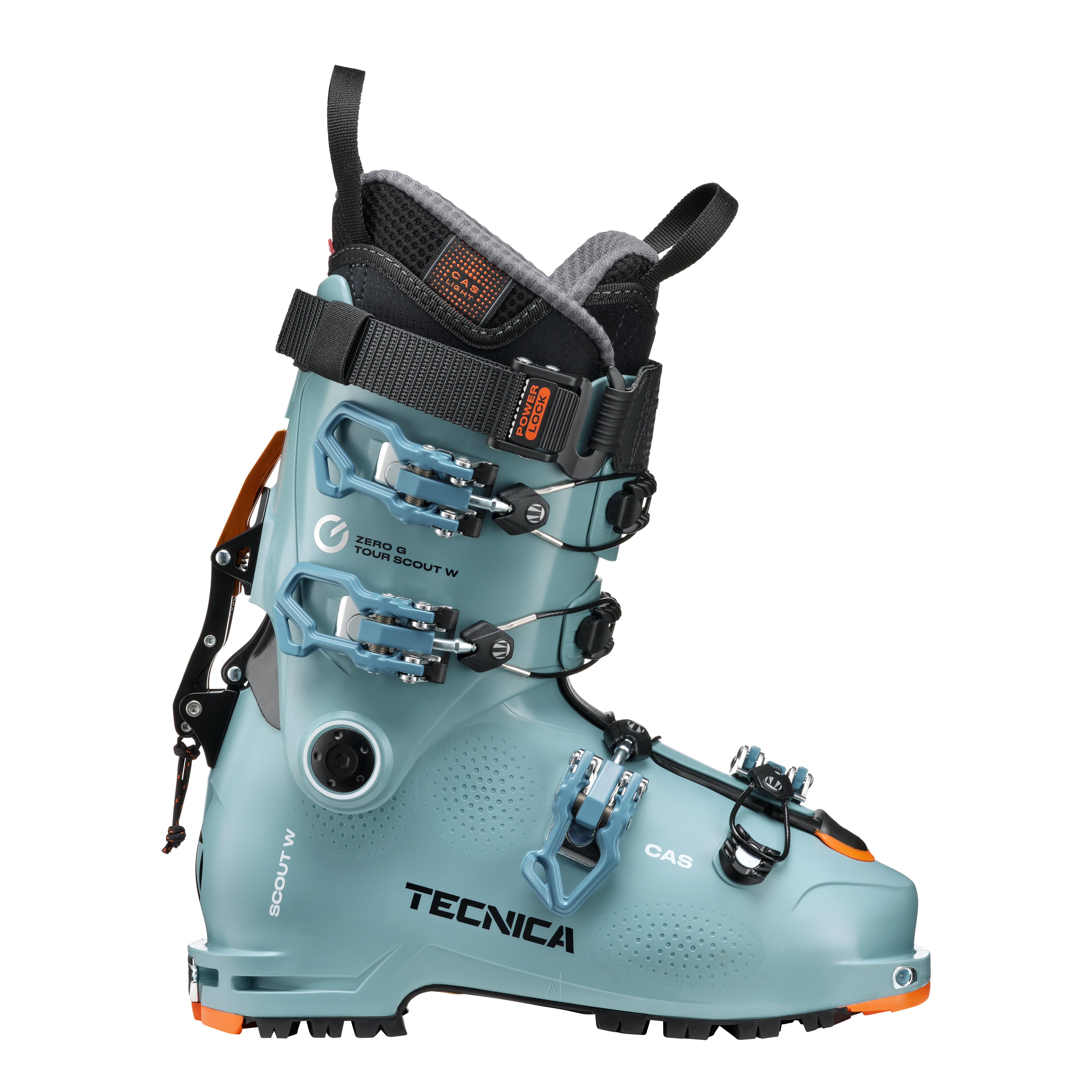 Women's Tecnica Zero G Tour Scout frosty blue ski boot with minimal orange accents.