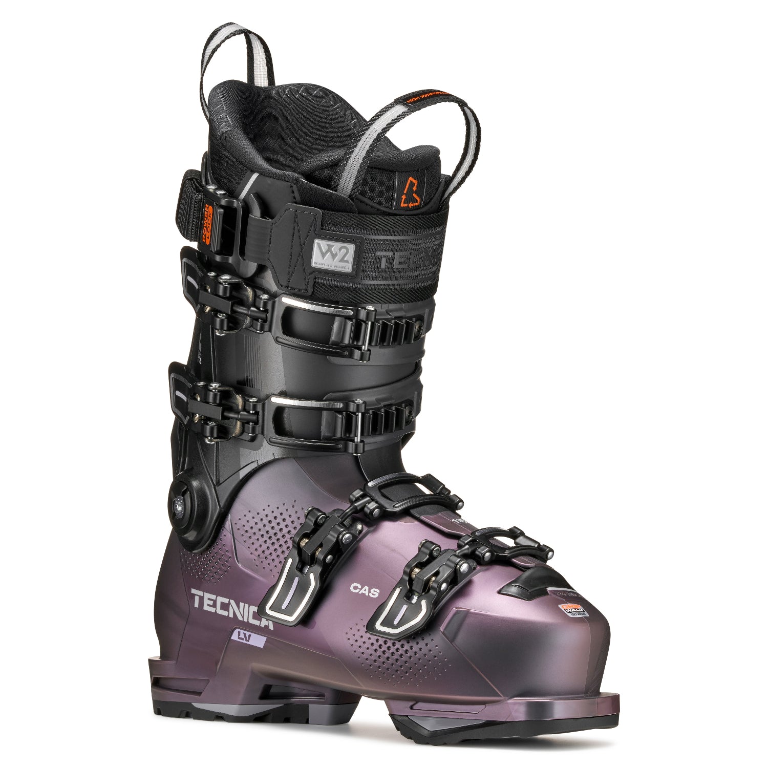 Side angle of a black and purple ski boot with Tecnica branding on a white background.