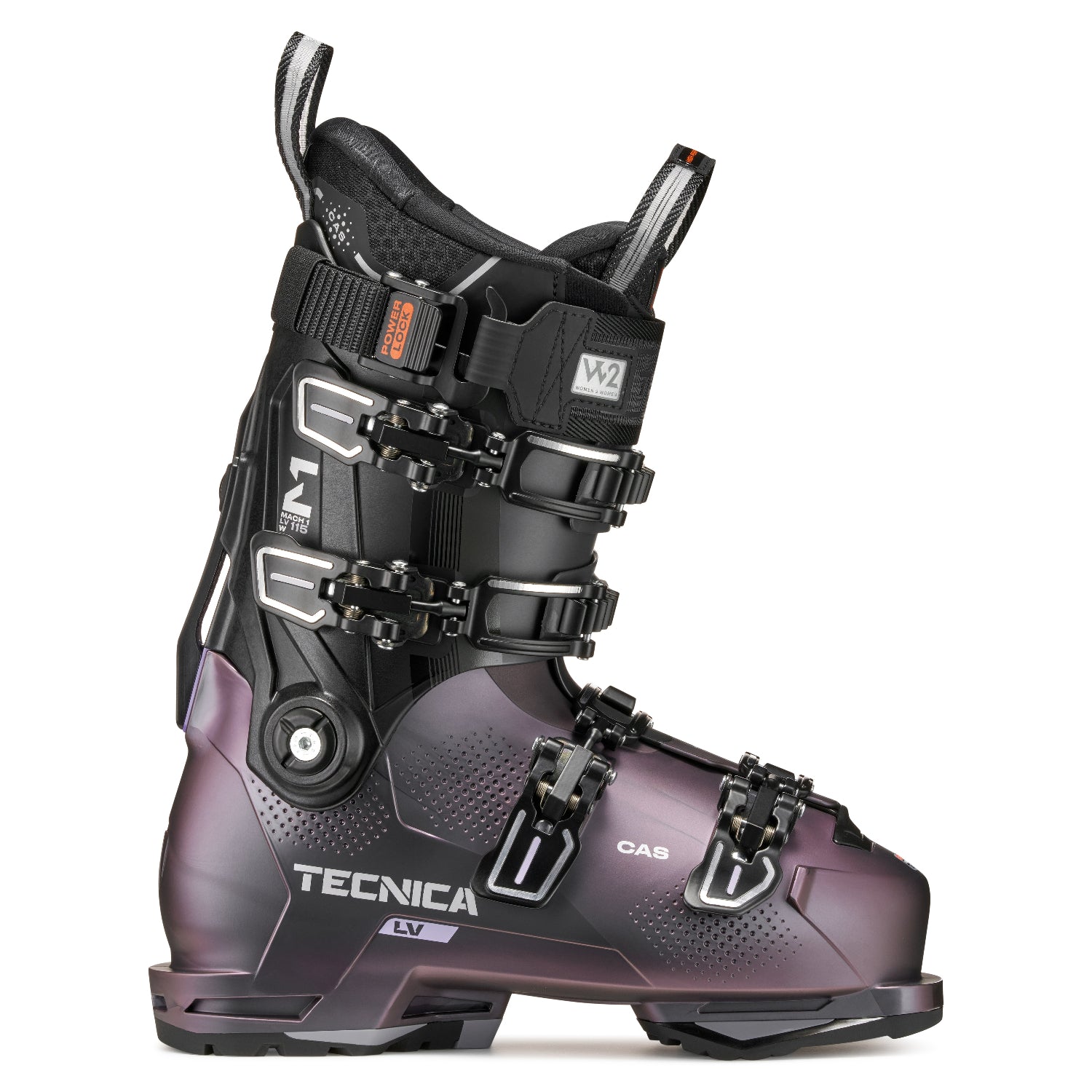 Black and purple women's ski boot with Tecnica branding on a white background.