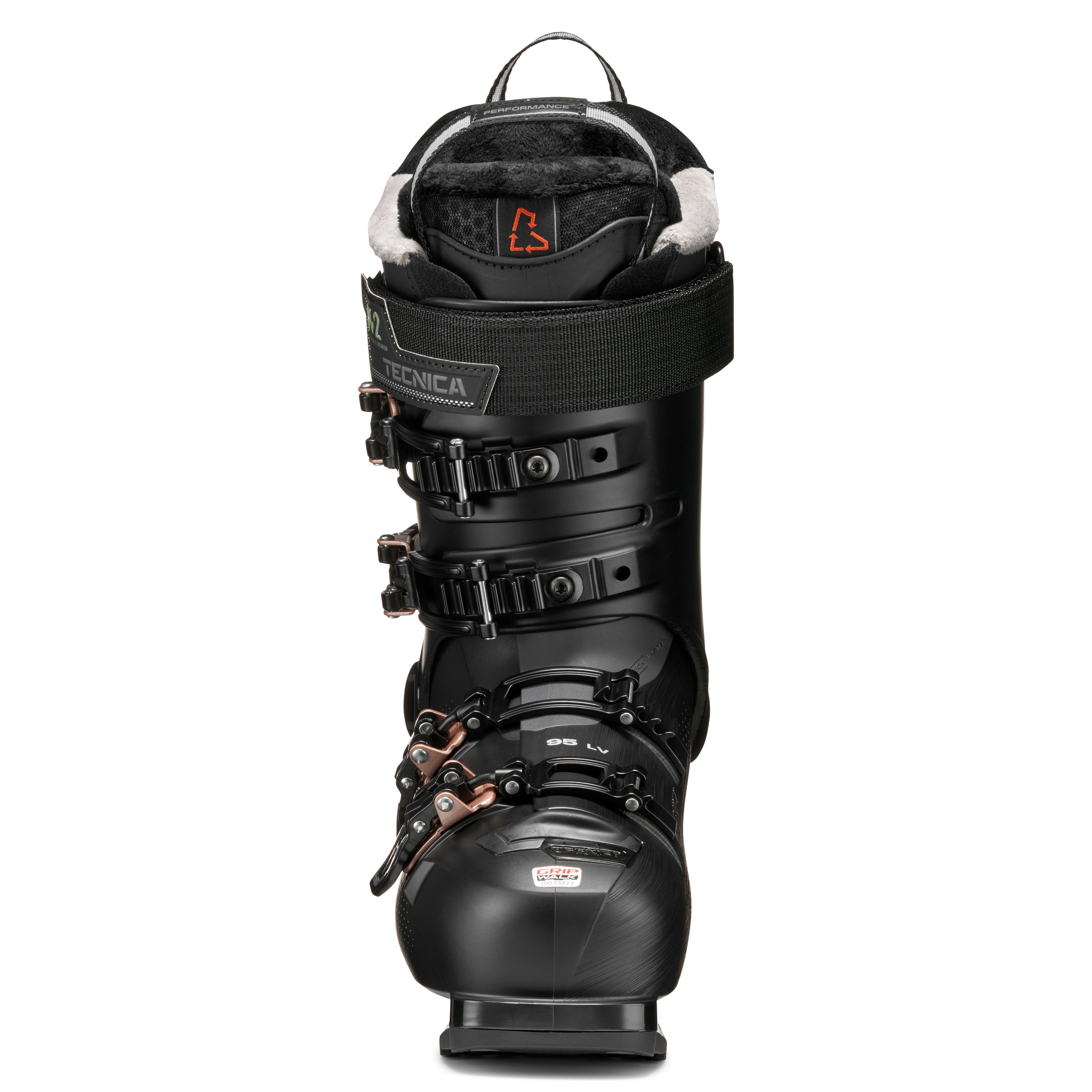 The front view of the ski boot shows all 4 black buckles and a soft looking liner.