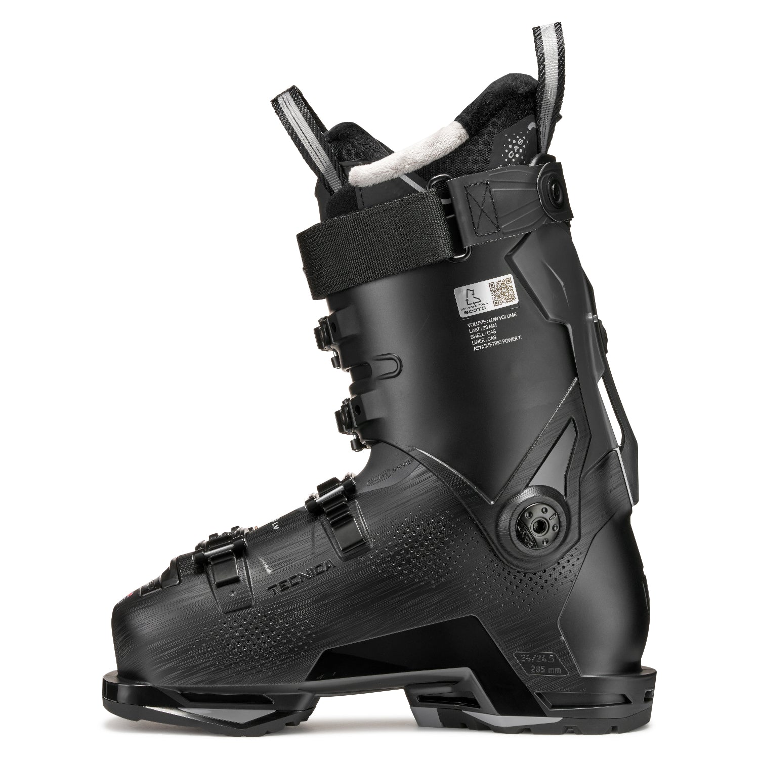Medial side of a black ski boot on a white background and dimples on important locations of the boot.
