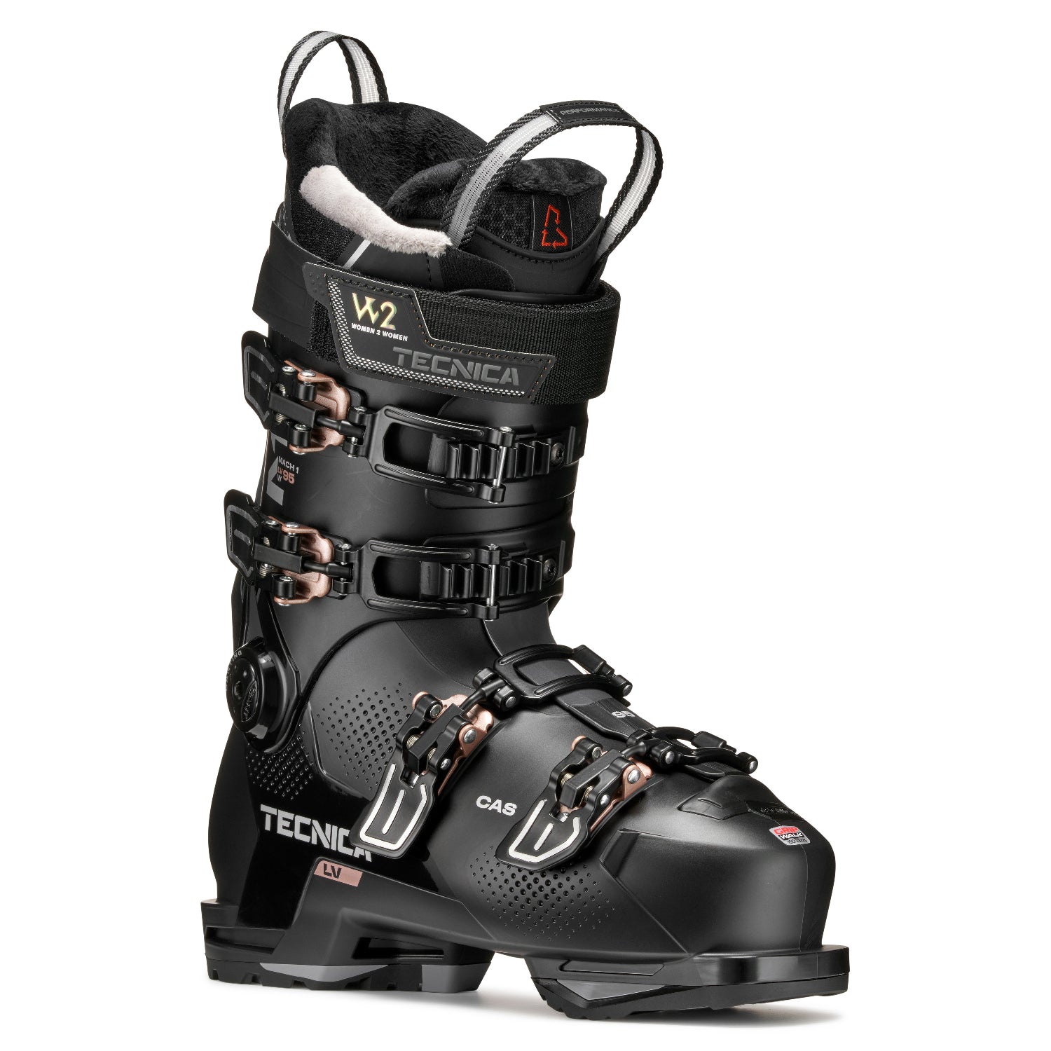 Black Tecnica ski boot on a white background with 4 buckles all in black.