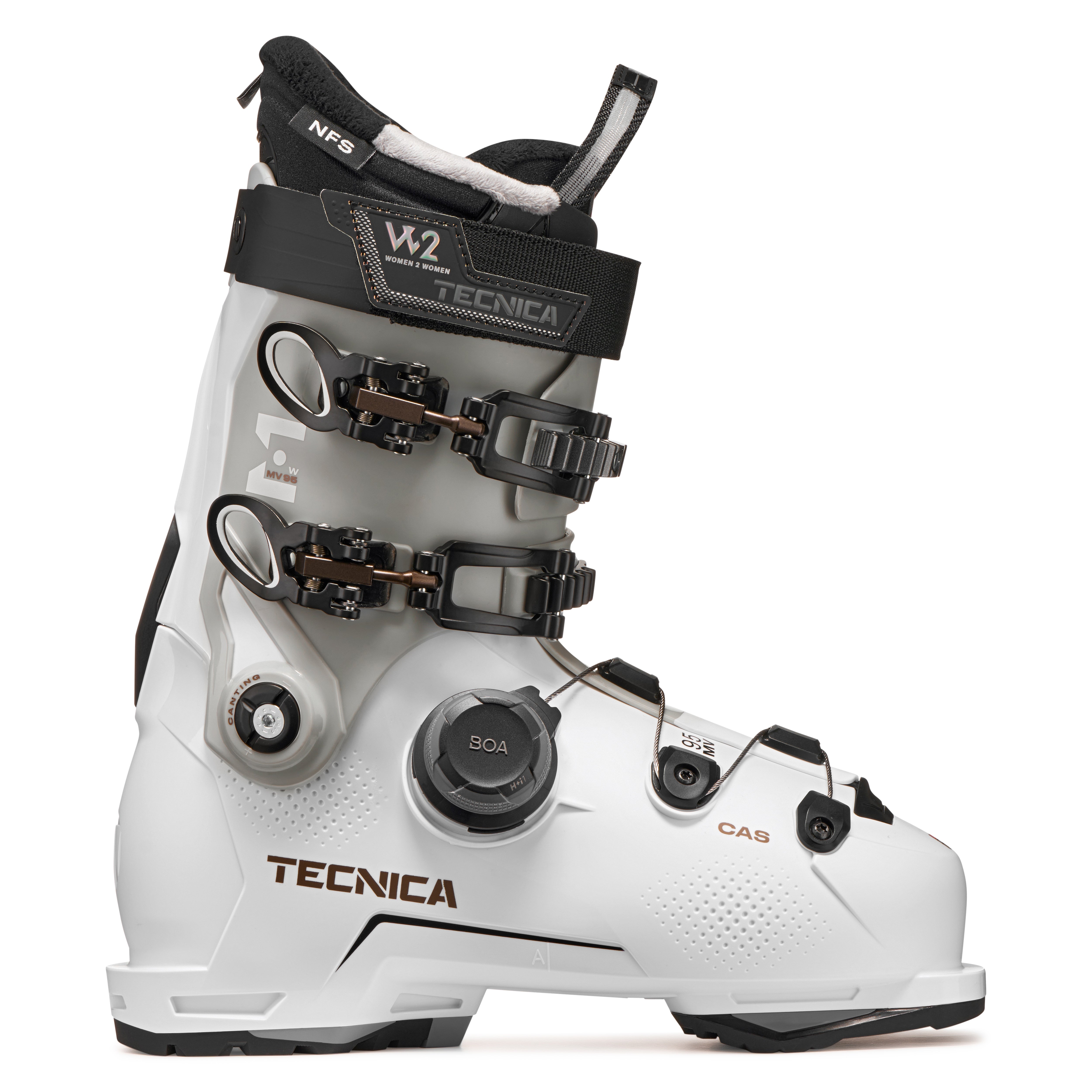 This women's Tecnica ski boot has a whie lower with an offwhite upper .
