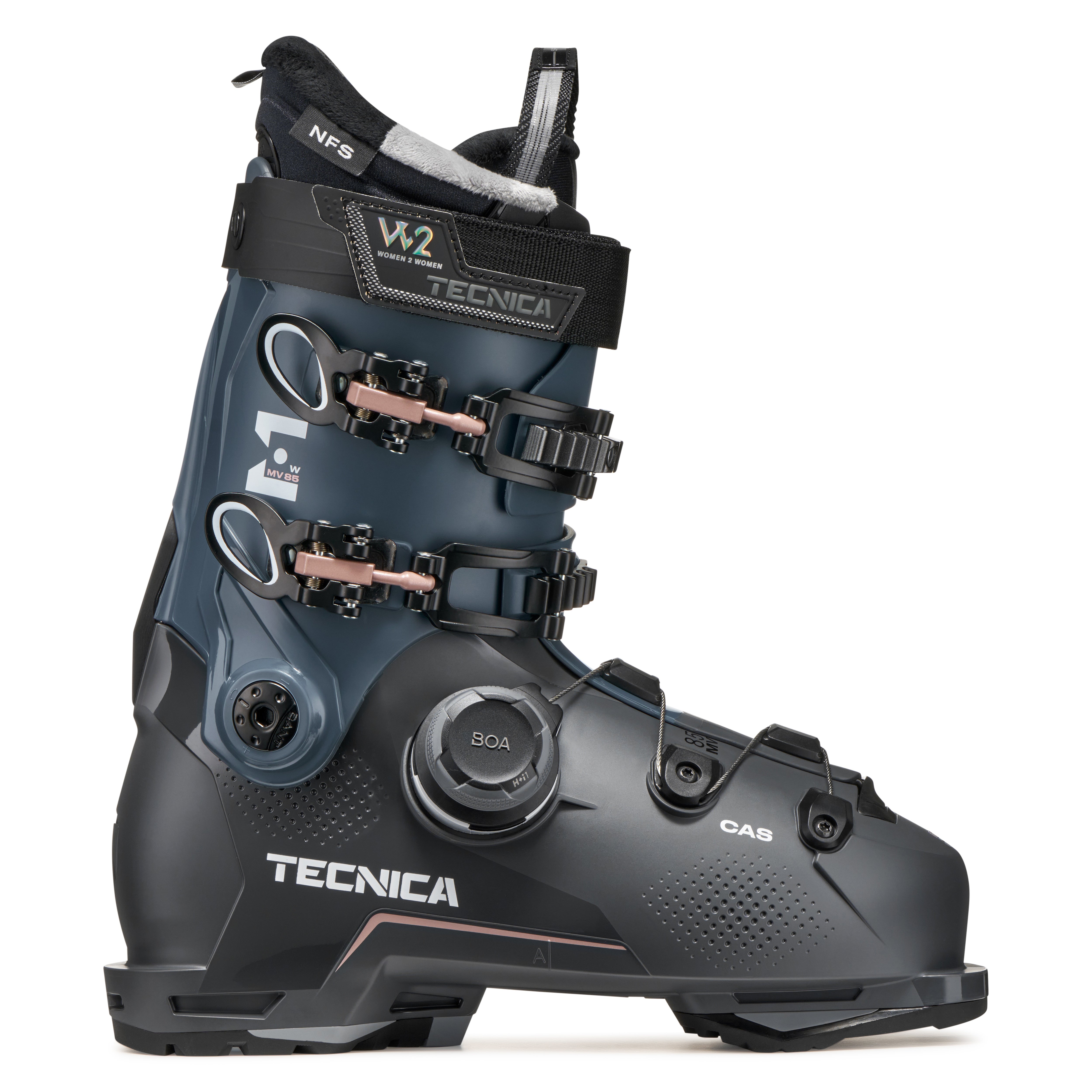 This women's ski boot has a great look with teh irridescent upper and black lower.