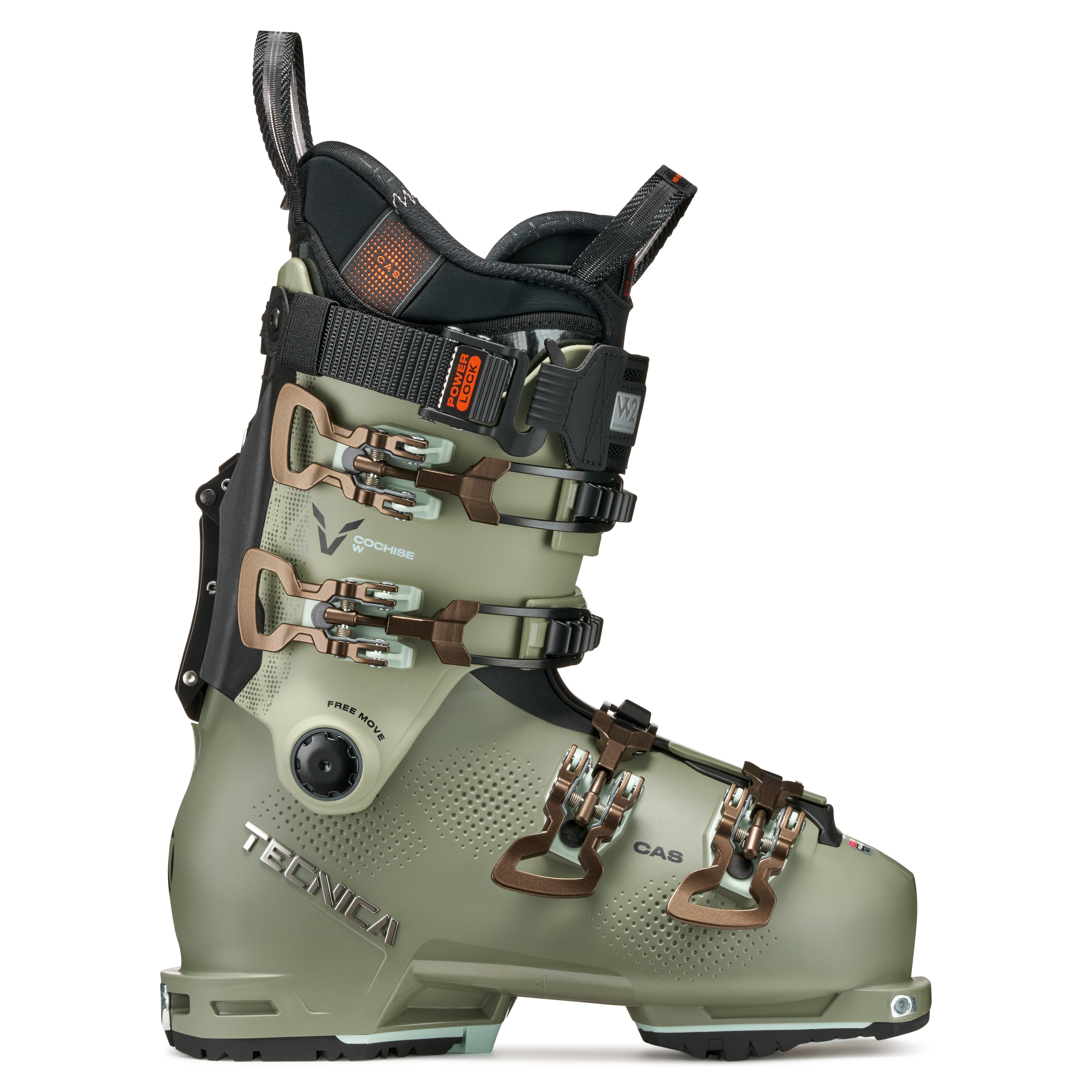The Cochise 115 is a women's ski boot in a light green color with 4 matching buckles.