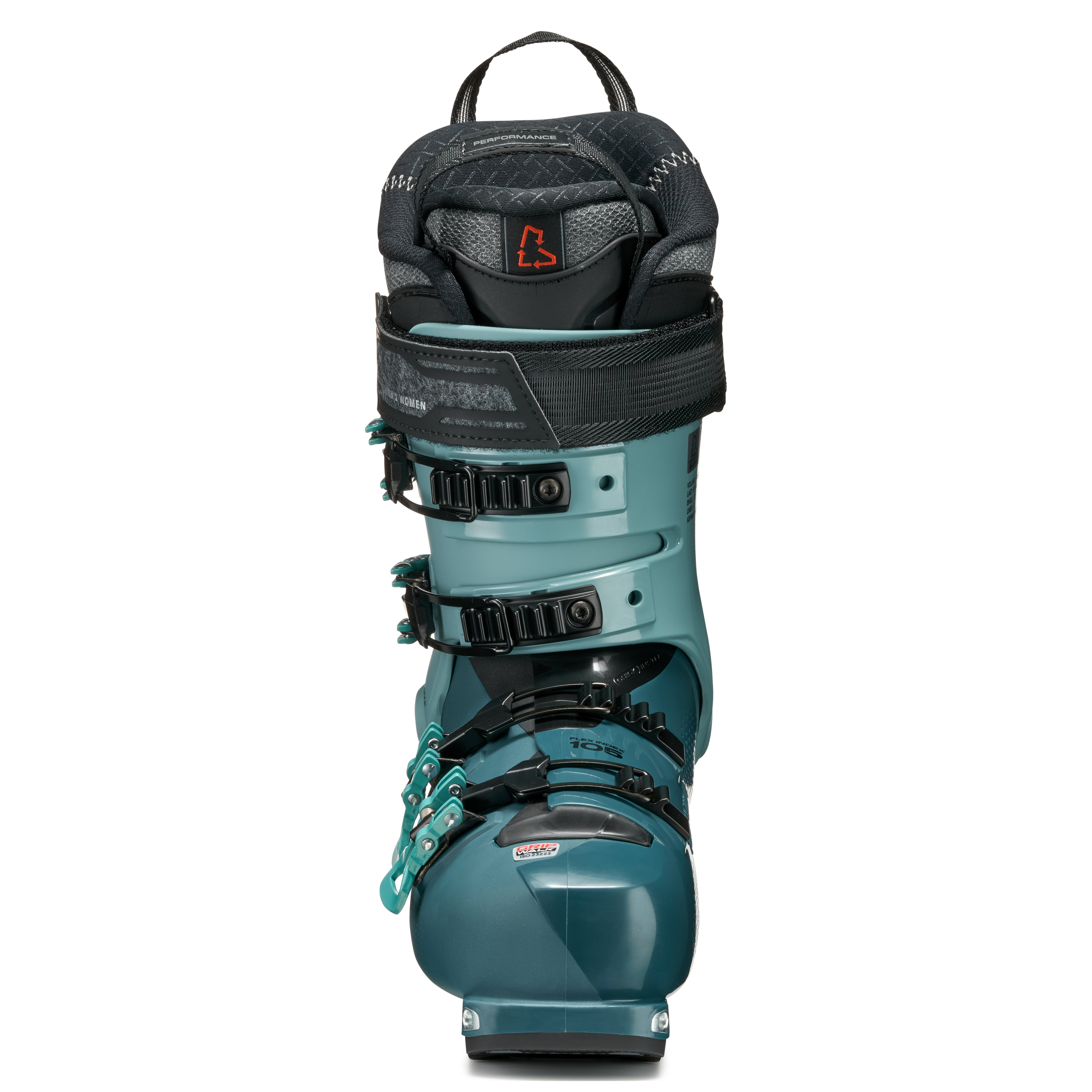 The front view of the Cochise 115 shows the metal inserts where the pins from the binding hold teh boot together.