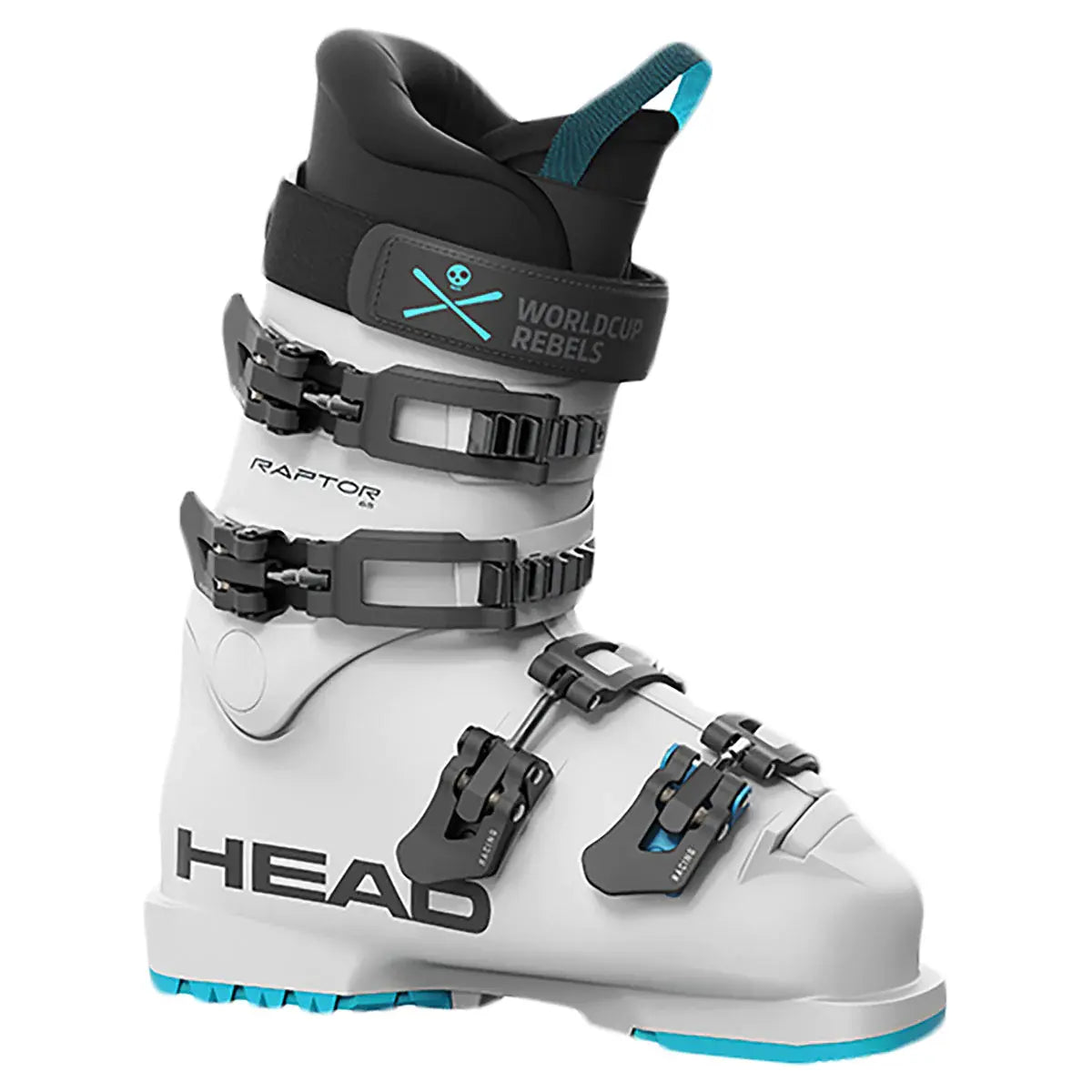 The Head Raptor 65 is a great kid's ski boot in white with a teal blue outsole
