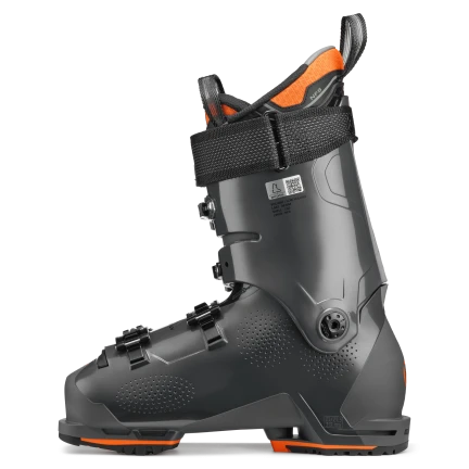 The medial side of this ski boot has a small sticker that describes the main specs of the Mach BOA 100