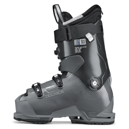 The medial side of the ski boot is greay and the upper is black