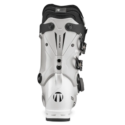 The power strap is riveted to 2 locations on the back of the ski boot instead of wrapping all the way around