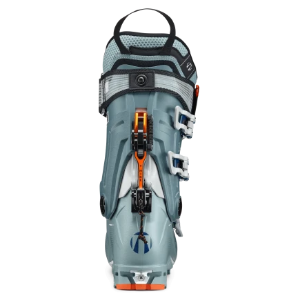 The ski and tour mechanism on the spine f the boot will disengage for hiking and engage for uphill travel