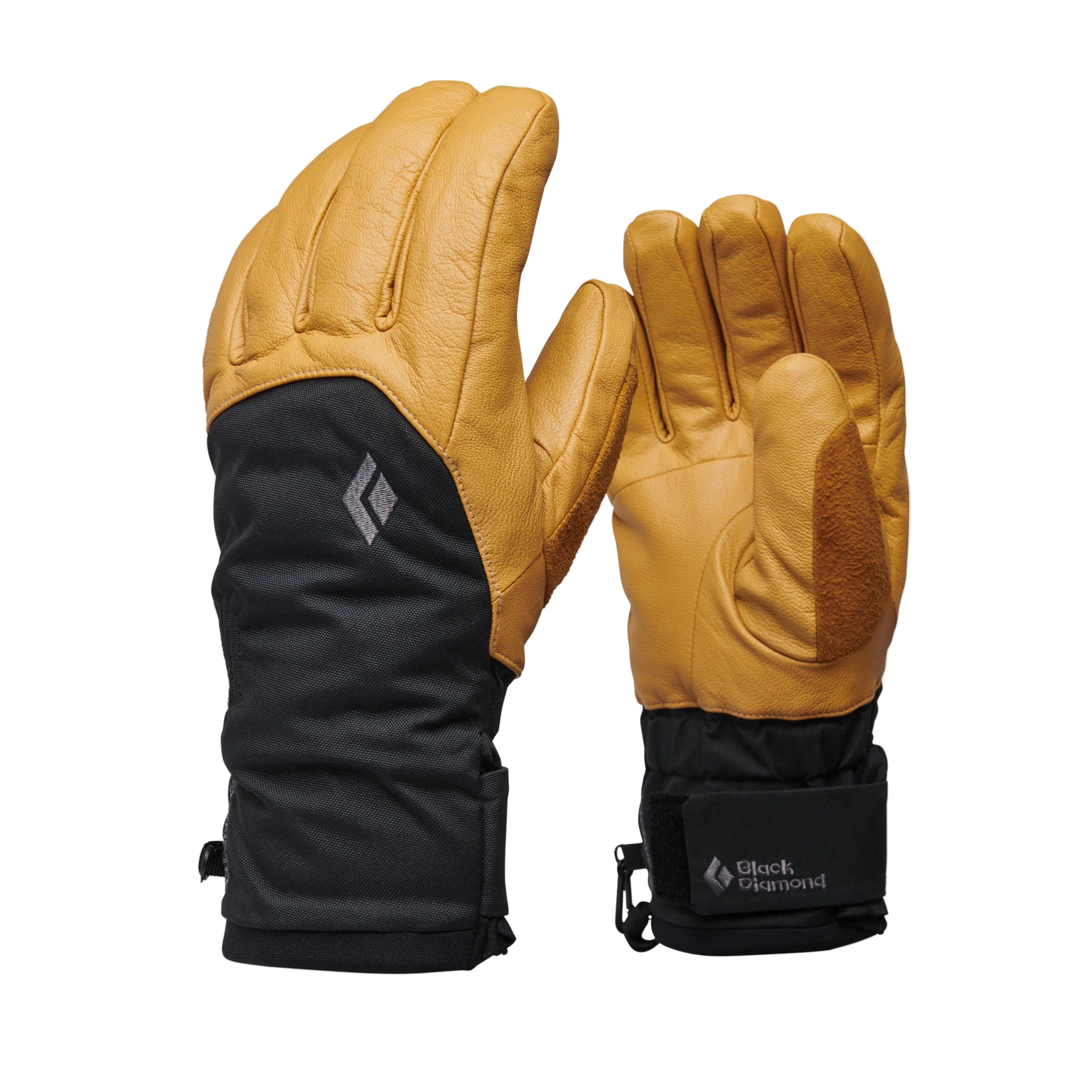 Pair of black and yellow gloves with Black Diamond logo on a white background