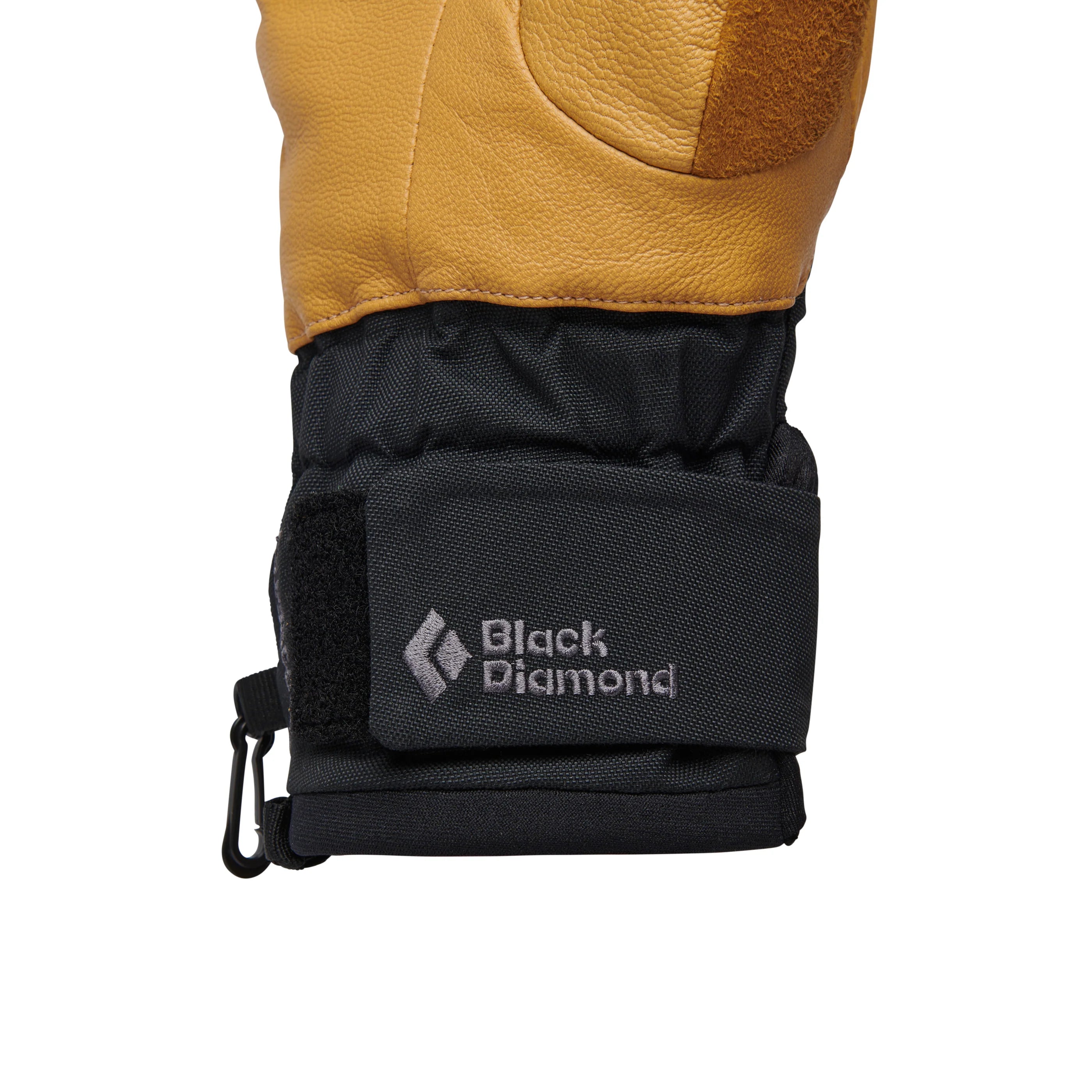 Close-up of a black glove with a Black Diamond logo on a white background
