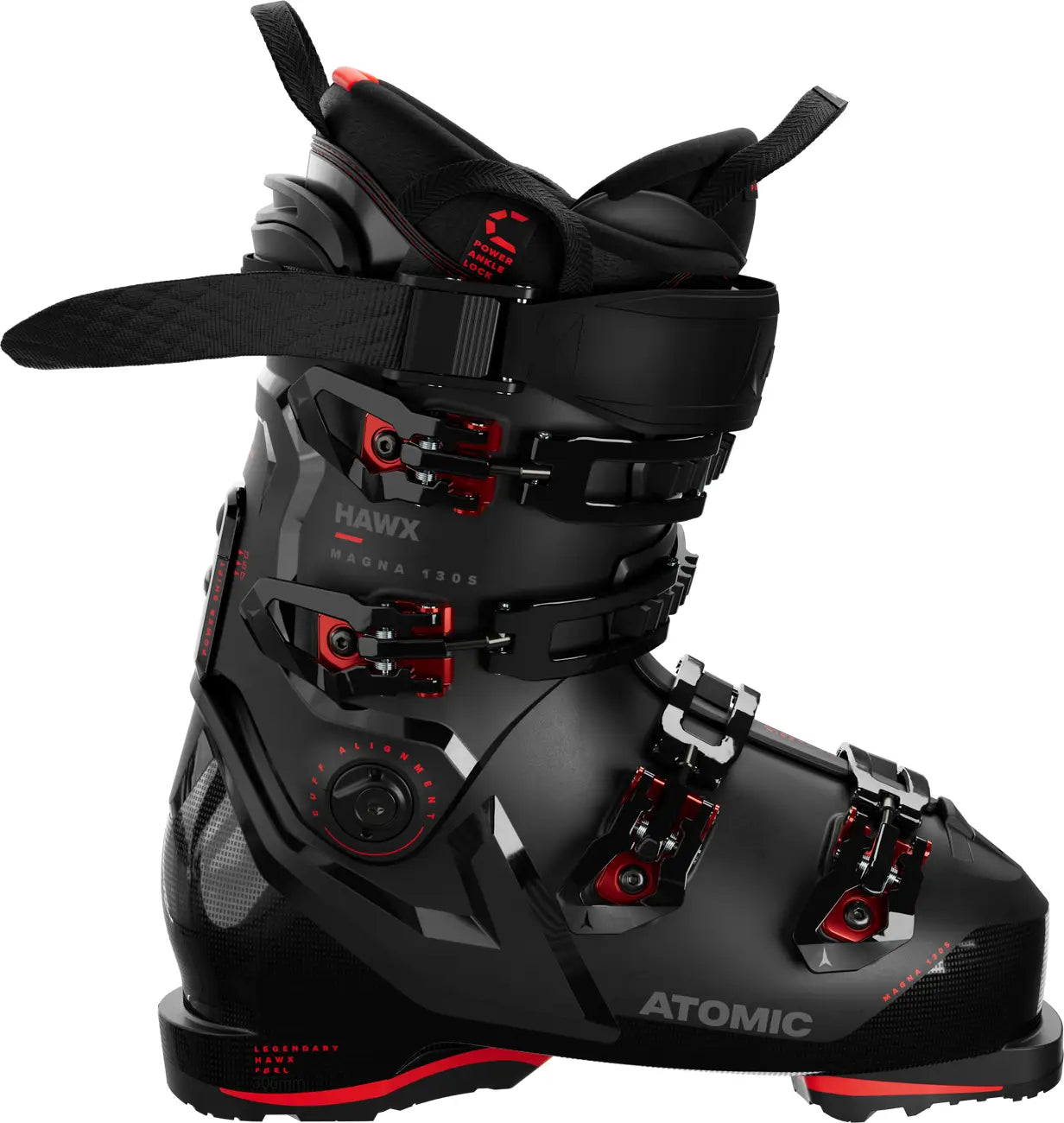 This Atomic ski boot is mostly all black with a few red highlights.