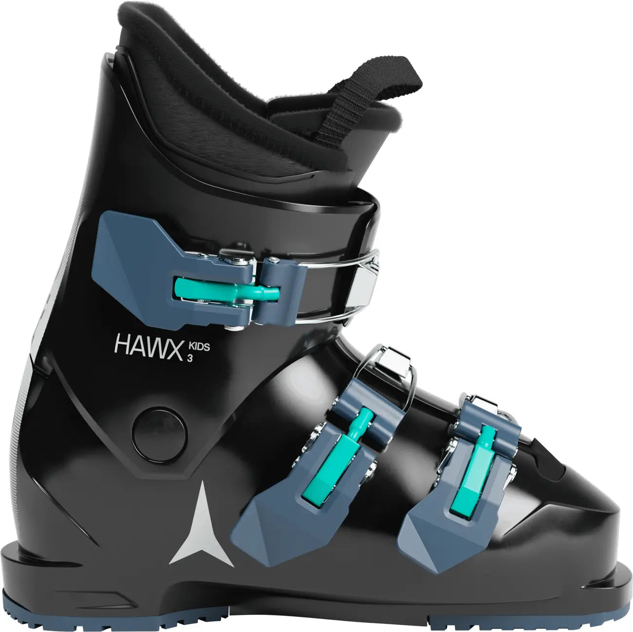 Black kid's ki boot with blue and gray straps on a white background
