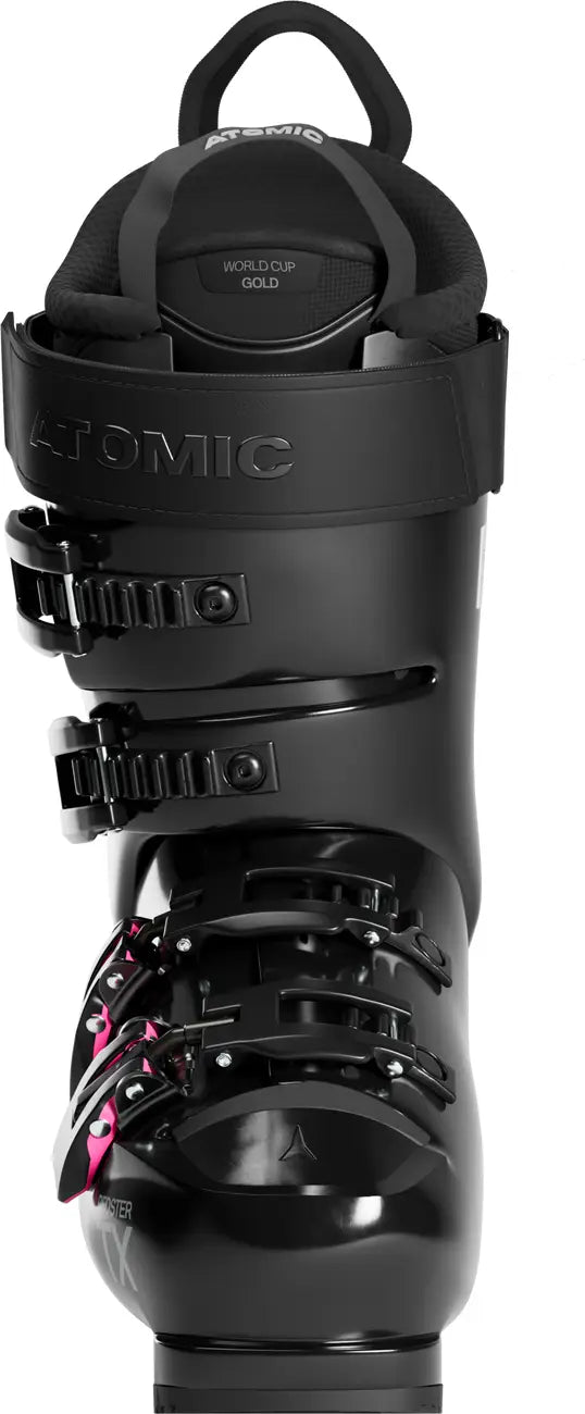 Black ski boot with visible brand logo on a white background