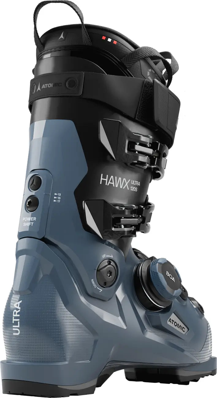 Gray and black ski boot with 'Hawx' branding on a white background