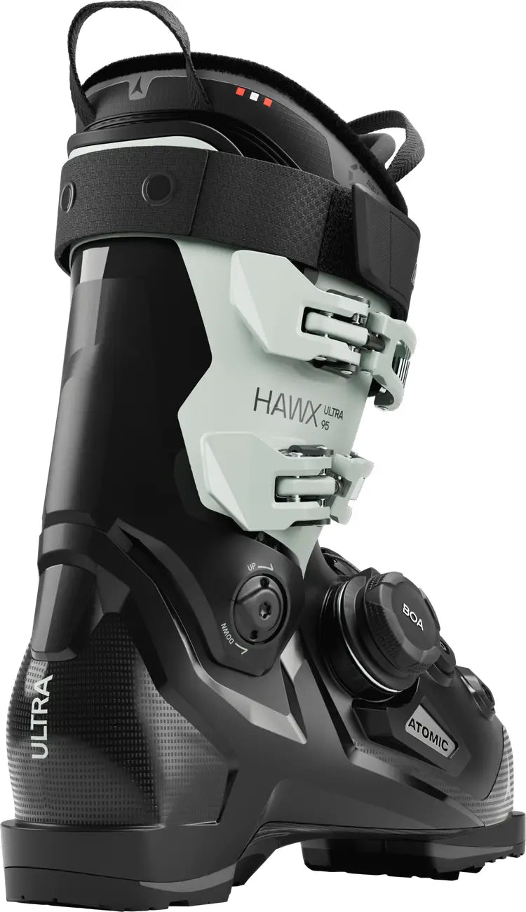 Women's black and gray ski boot with 'Atomic' branding on a white background