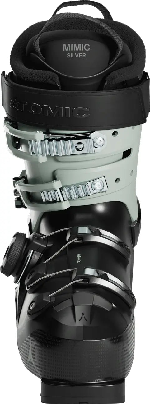 Close-up of a ski boot with 'Atomic' branding on a white background