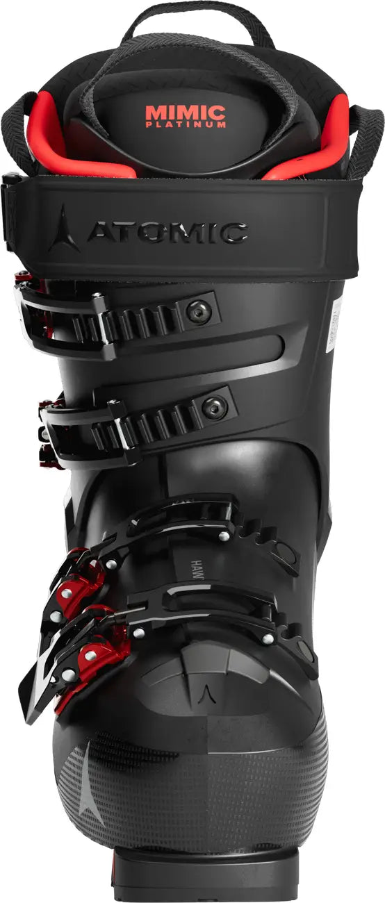 Front view of an Atomic 130 ski boot in black and red colors.