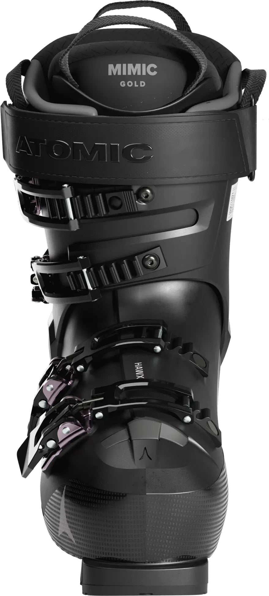 Black ski boot with 'Atomic' branding on a white background