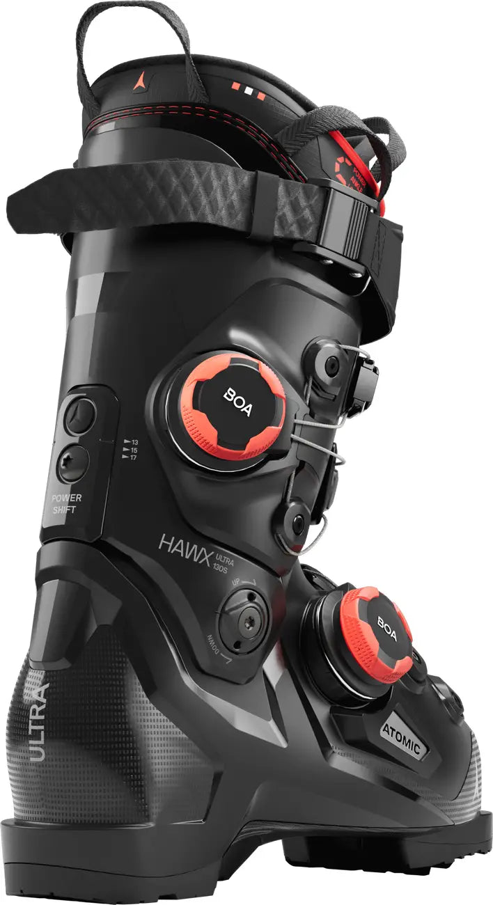 Black Atomic ski boot with BOA system on a white background.