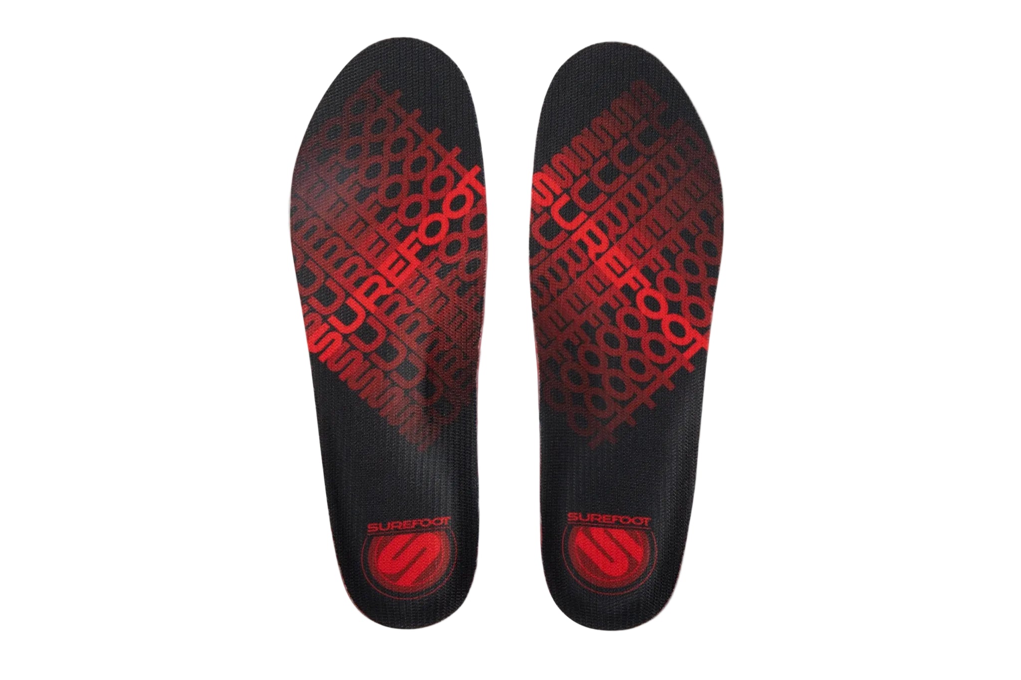 the top of the insoles is black and has red Surefoot logo written accross the top