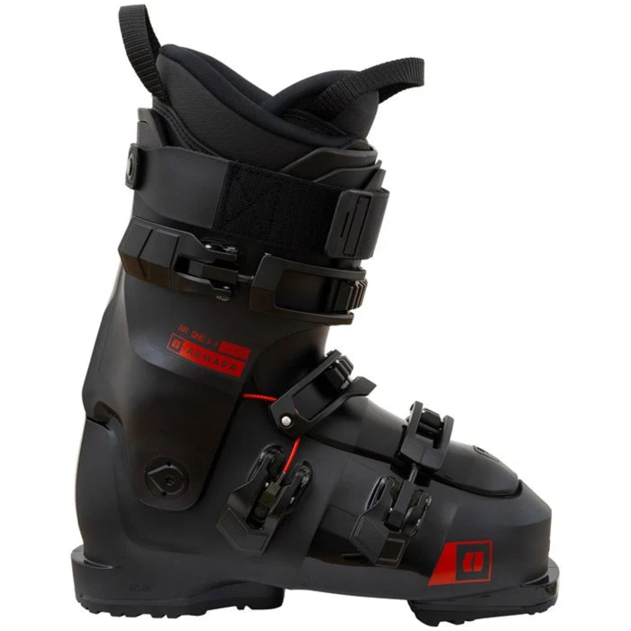 Black ski boot with red accents on a white background