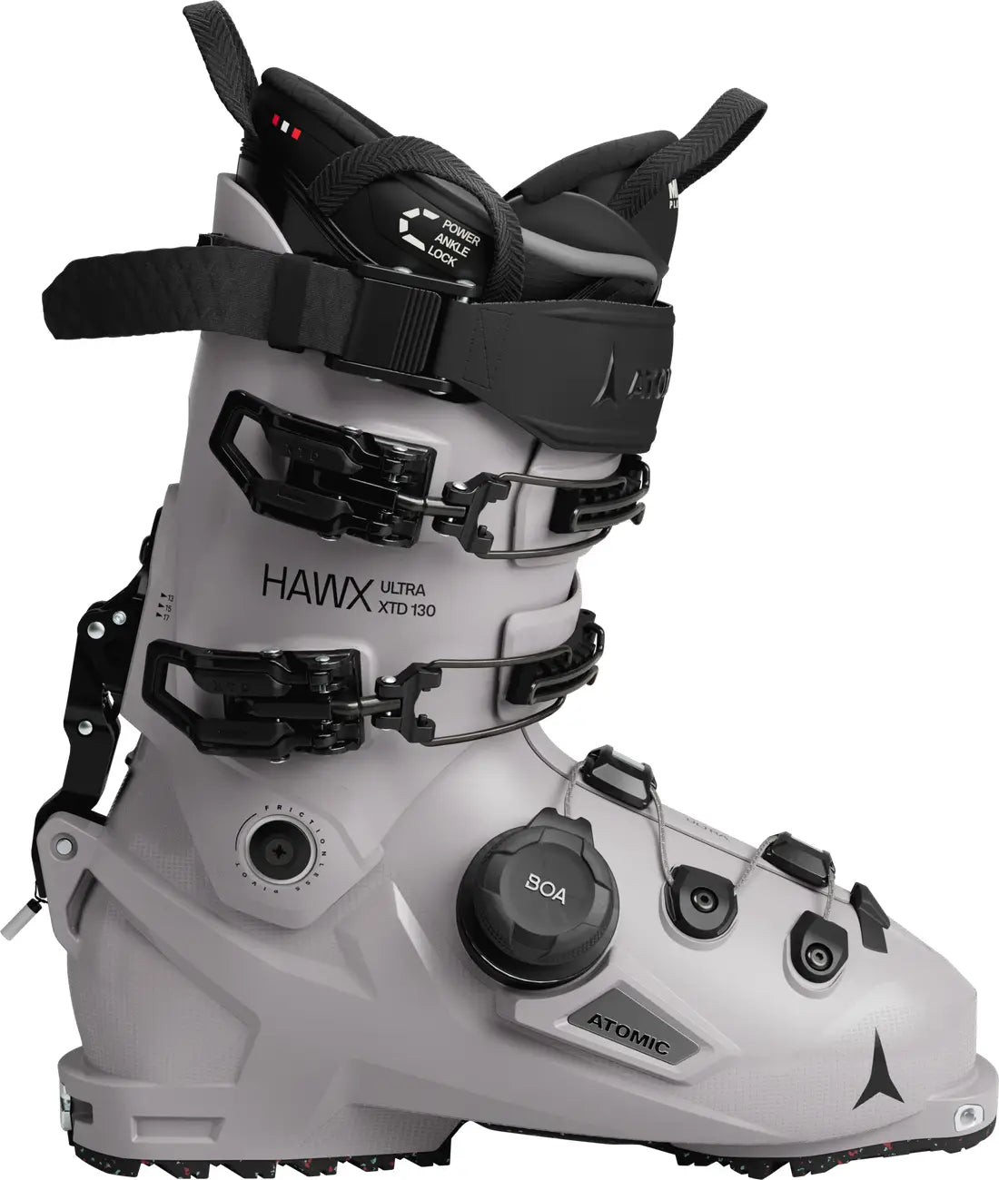 Gray ski boot with black accents on a white background