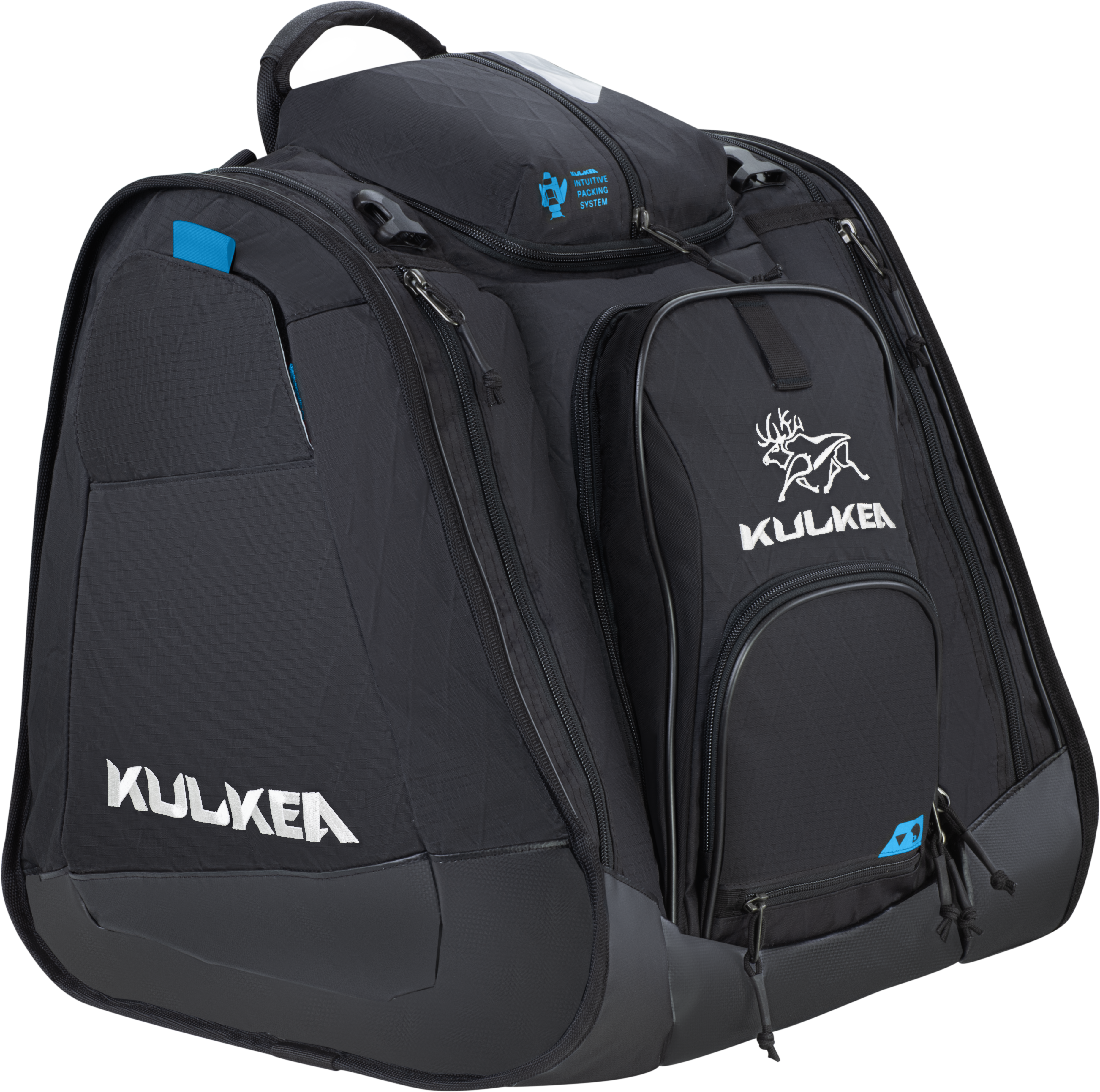 Kulkea boot bag in black with blue accents, tons of compartments, large enough to fit ski boots and most if not all your other ski gear including helmet.