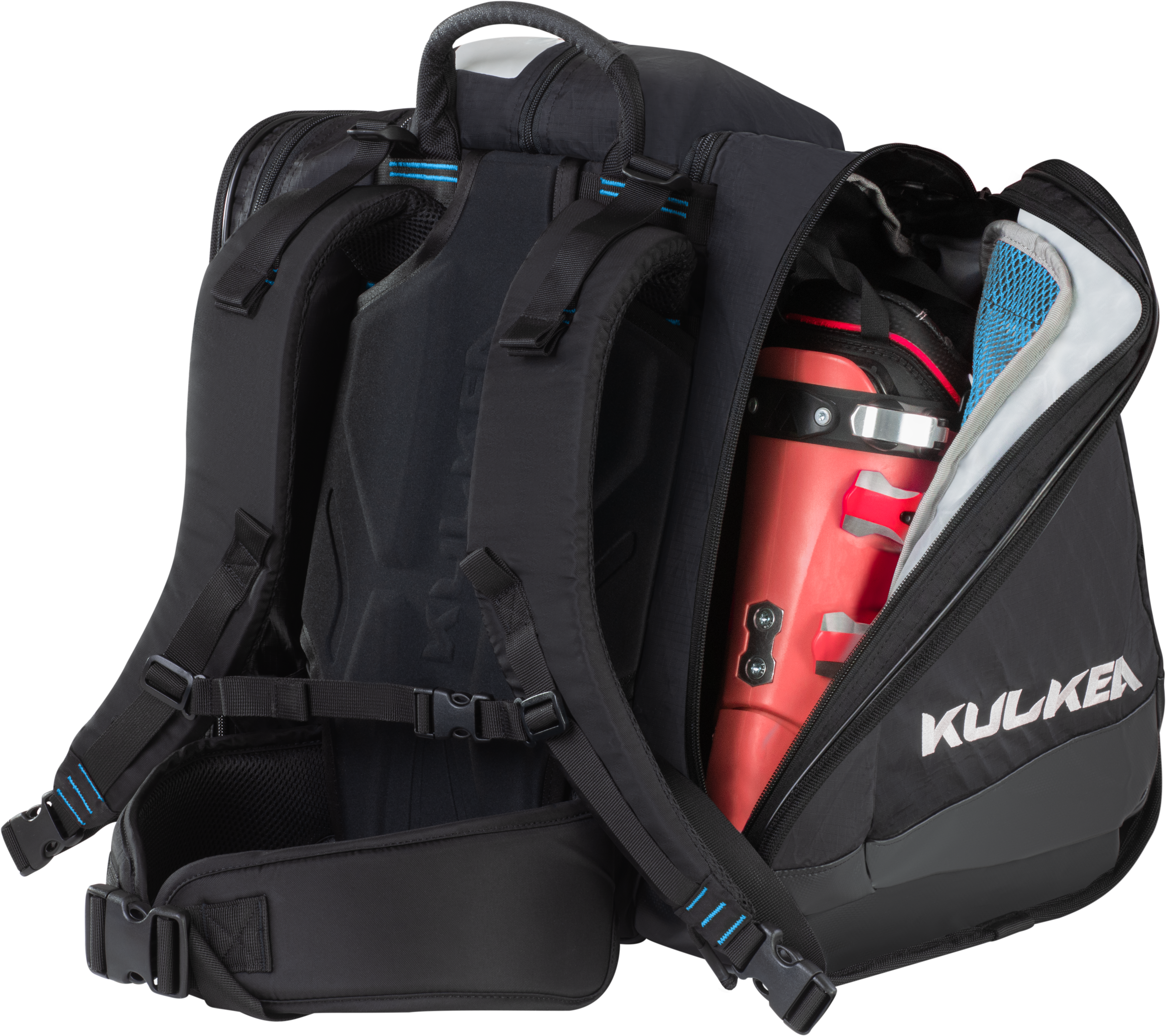 Kulkea boot bag in black with blue accents, tons of compartments, large enough to fit ski boots and most if not all your other ski gear including helmet.