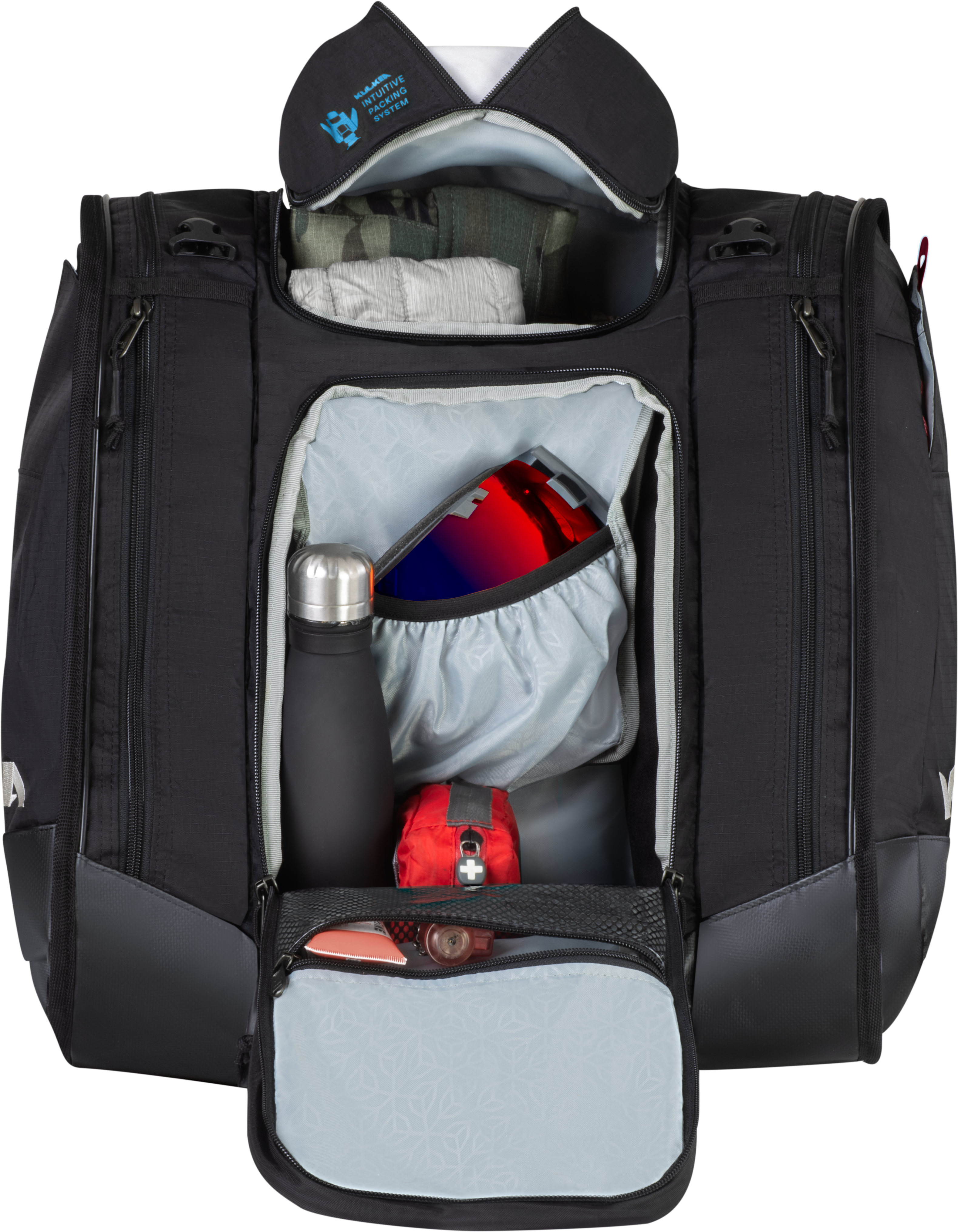 Kulkea boot bag in black with blue accents, tons of compartments, large enough to fit ski boots and most if not all your other ski gear including helmet.