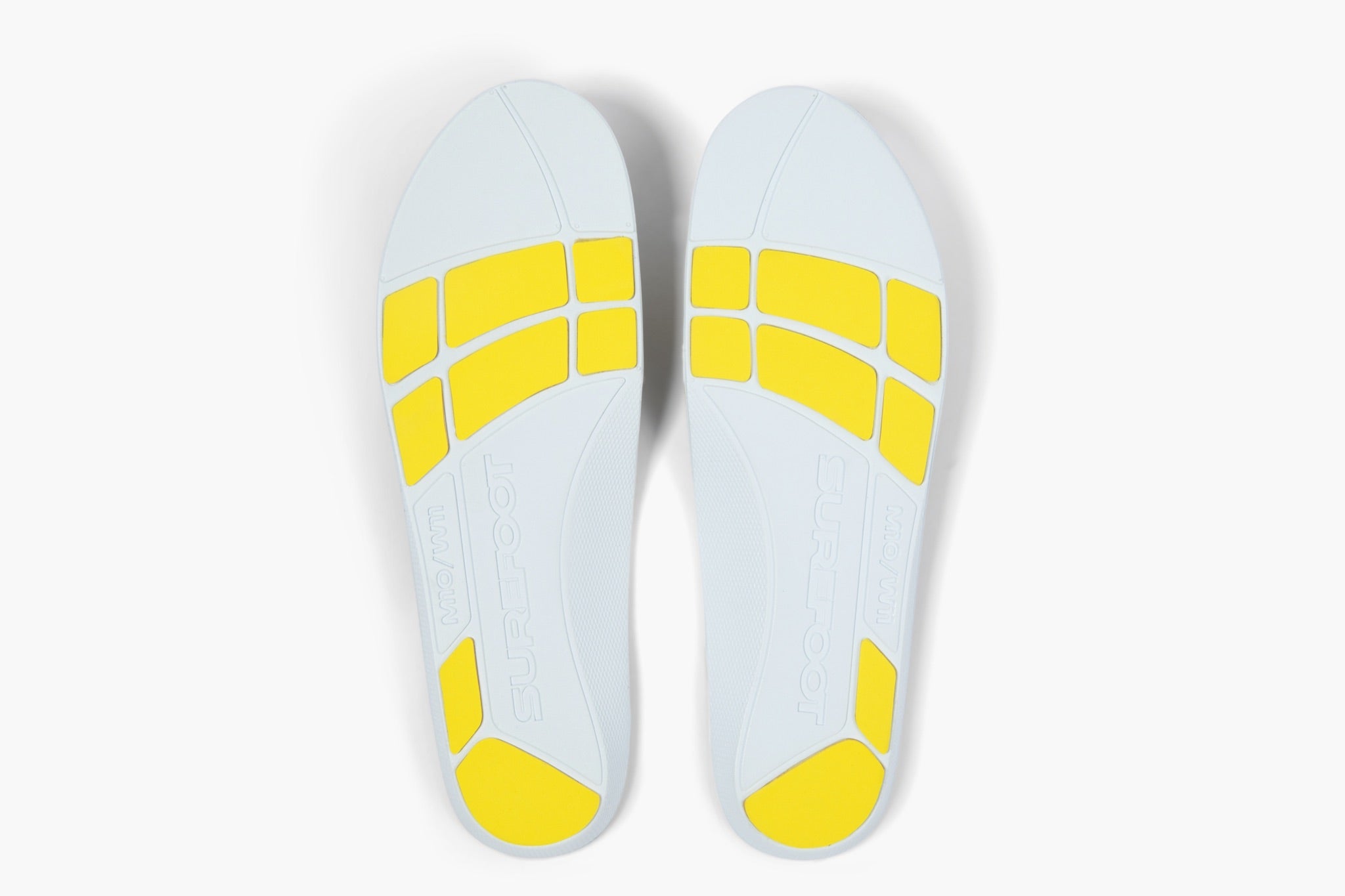 the bottom of the insoles are white with bright yellow accents under the ball of the foot and heel