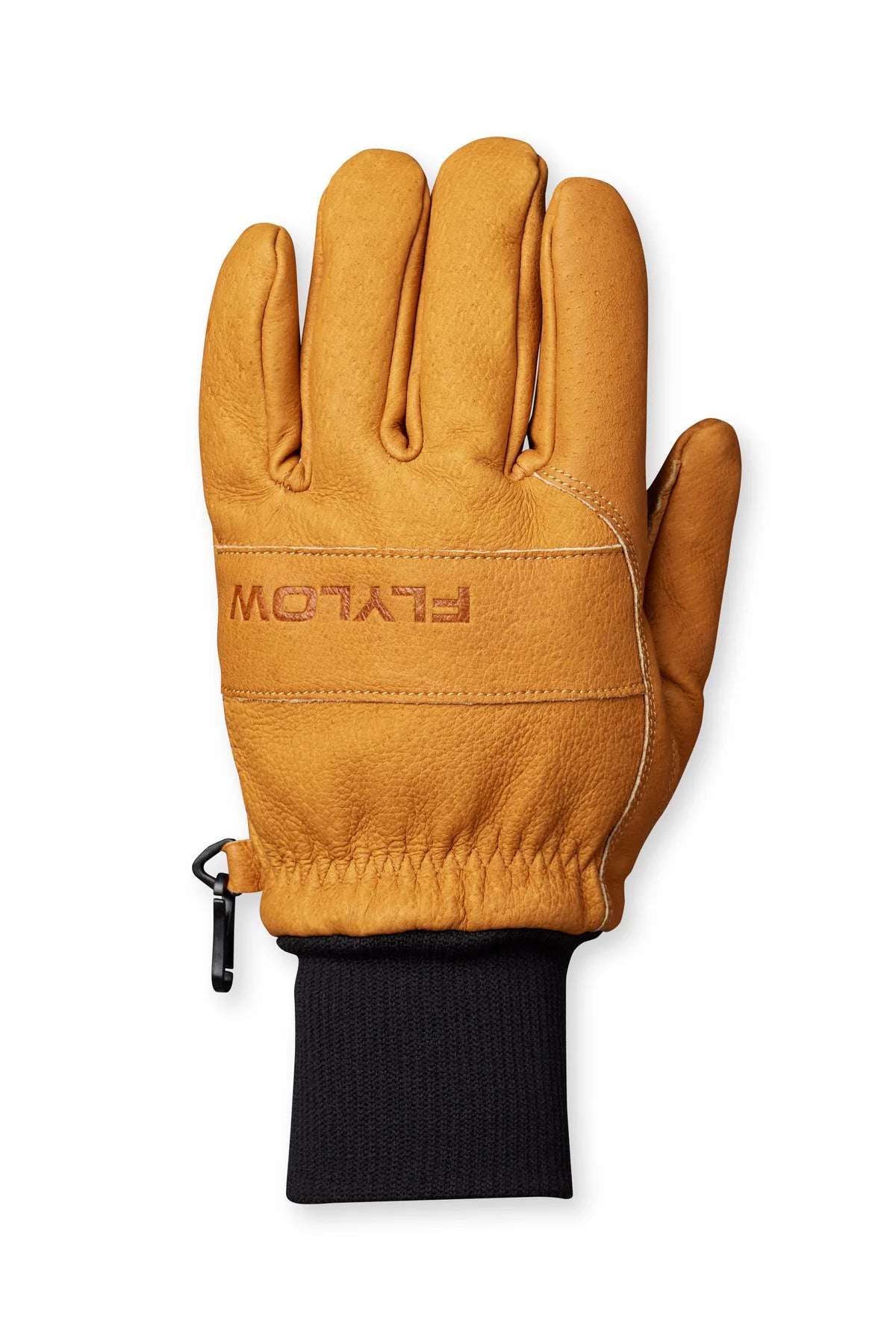 Brown leather glove with black cuff on a white background