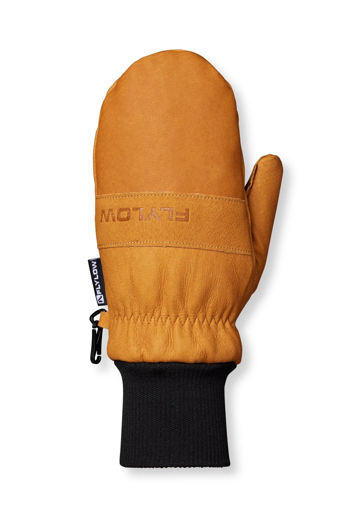 Brown leather mitten with black cuff on a white background