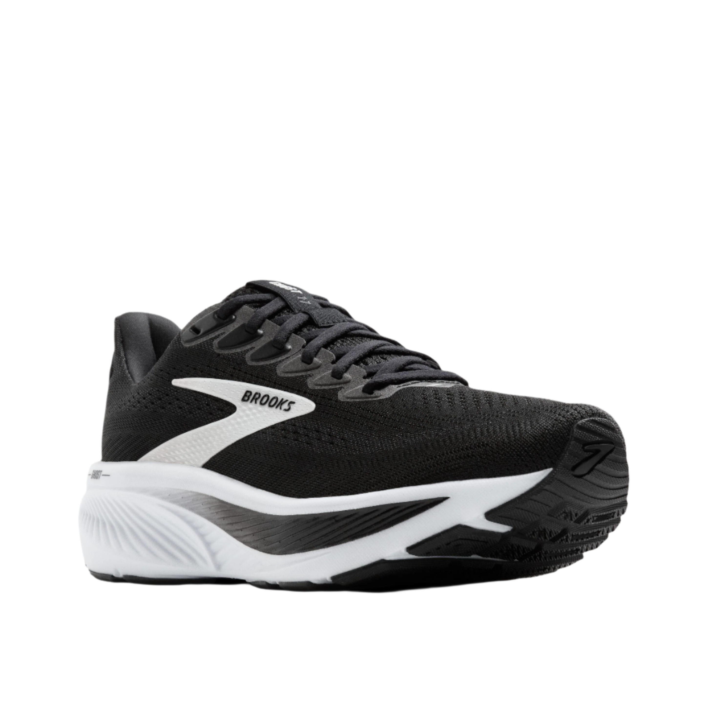 Black fabric on the shoe with black laced, a white logo and white sole.