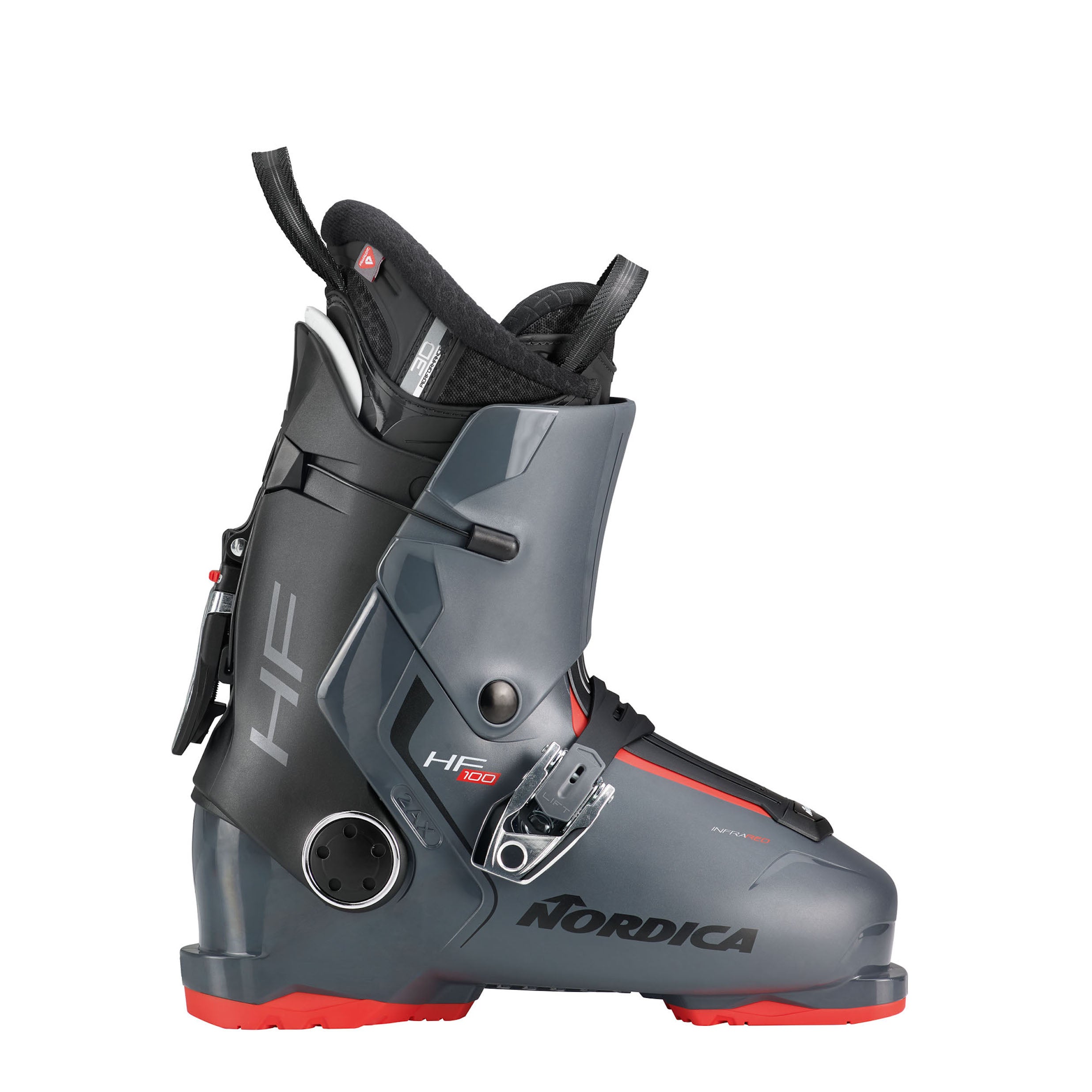 Men's Nordica HF 100 ski boot in grey and black with red accents. 2 buckles.