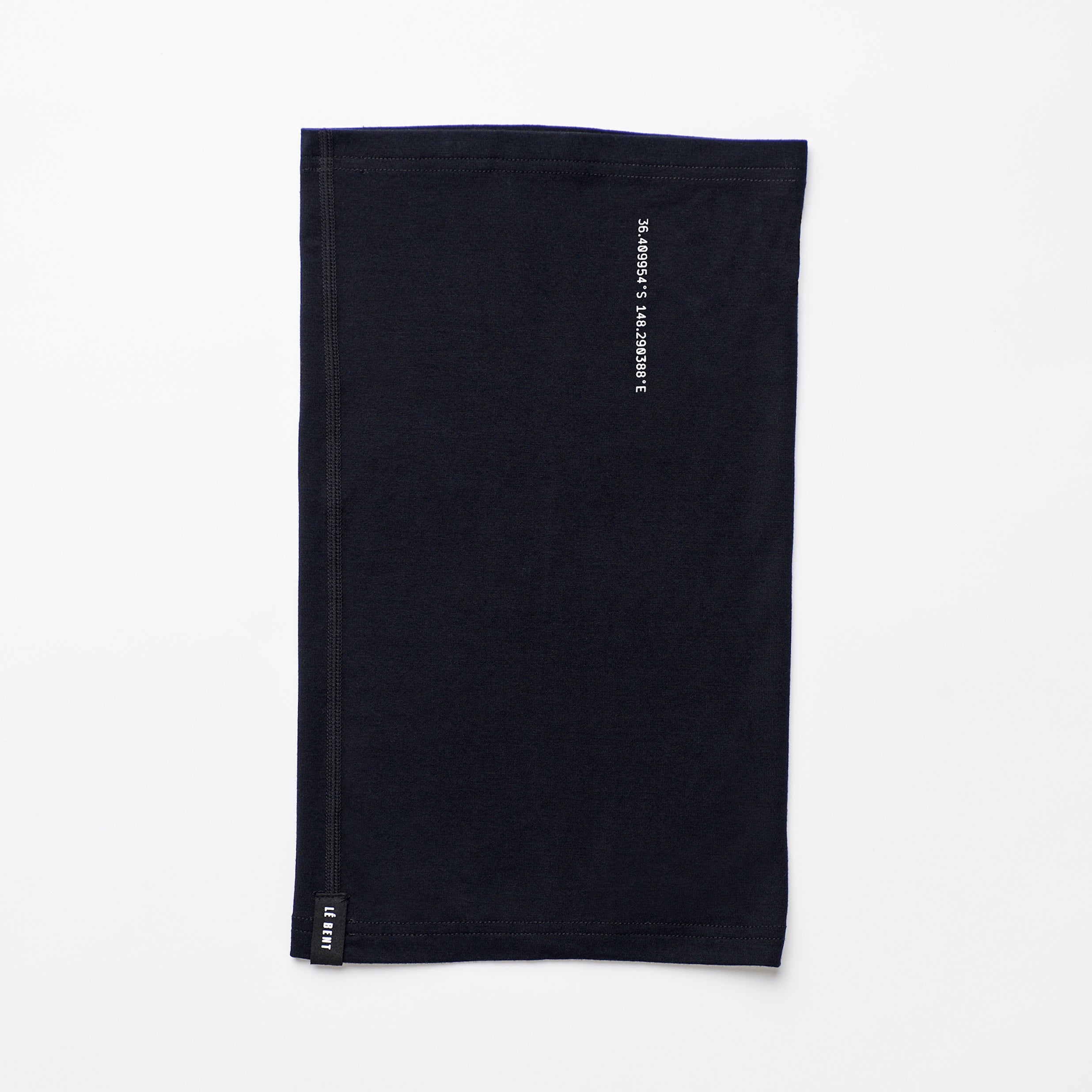 LeBent Core Lightweight Neck Gaiter all black with small white coordinates, square/tube shape.